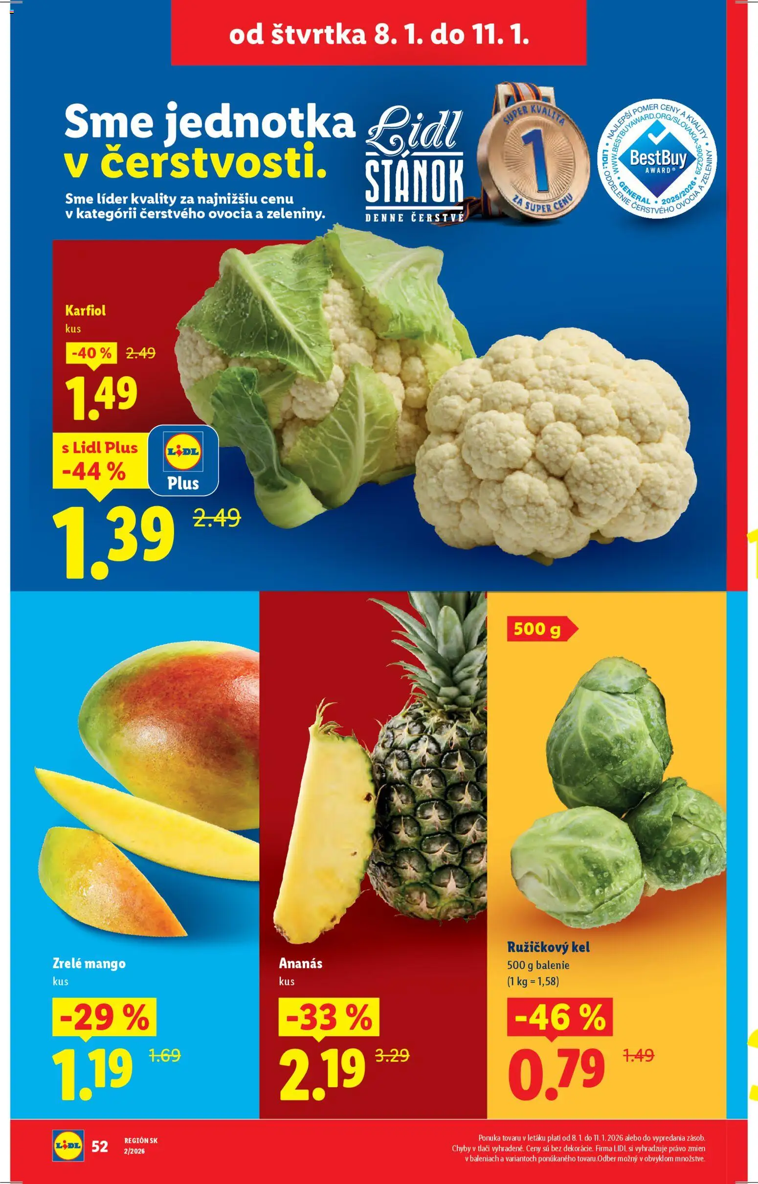 Nové Lidl akcie – leták je platný od 08.01.2026 | Strana: 12 | Produkty: Kel, Karfiol, Ananás, Mango