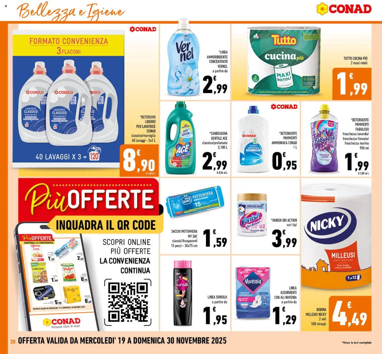 Volantino Conad del 19.11.2025 | Pagina: 20 | Prodotti: Ammorbidente, Detergente, Lavatrice, Pattumiera