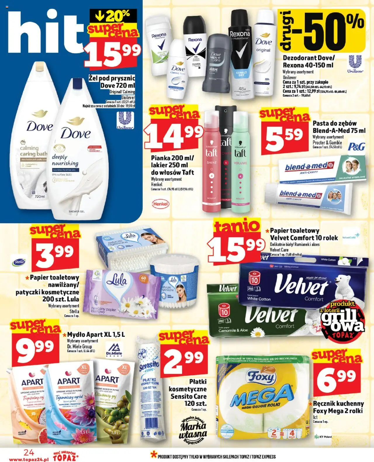 Topaz Gazetka MAZ od 05.06.2025 | Strona: 24 | Produkty: Papier toaletowy, Aloes, Żel pod prysznic, Pasta do zębów