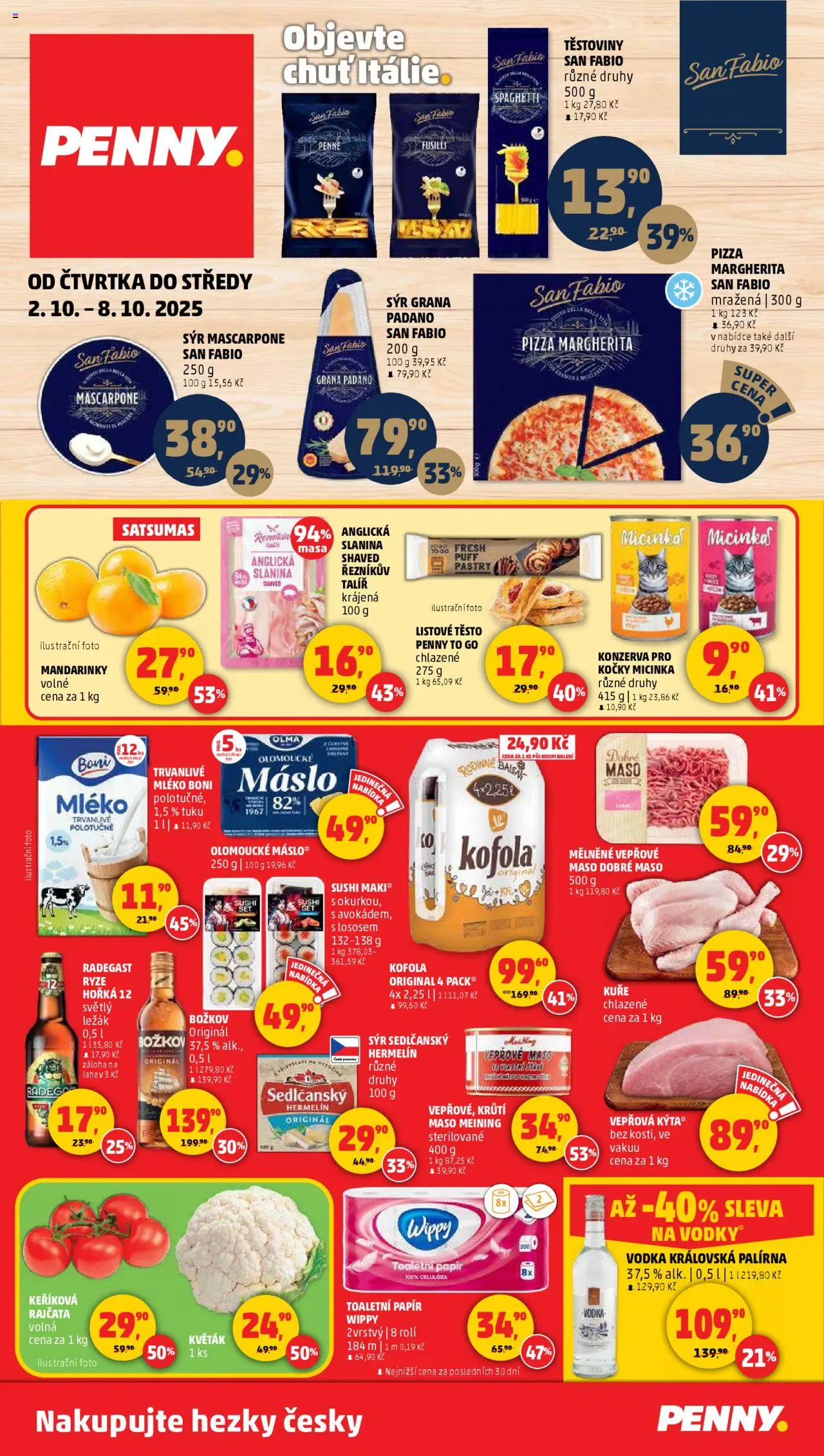 Penny Market leták - Čtvrtečník od 02.10.2025 | Strana: 1 | Produkty: Těstoviny, Kuře, Slanina, Láhev