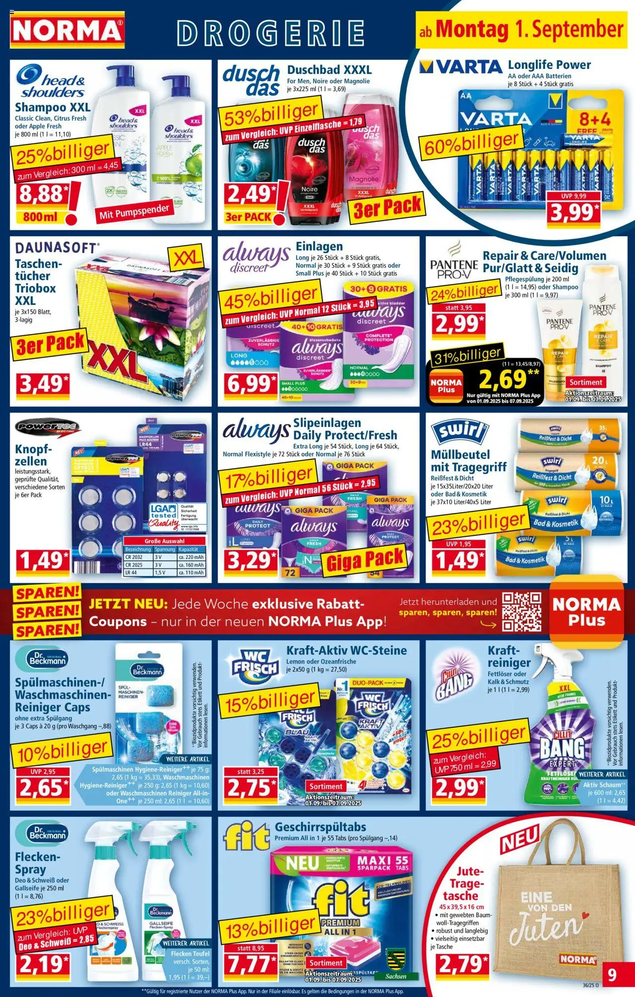 Norma Prospekt 	 - gültig ab dem 01.09.2025 | Seite: 9 | Produkte: Tasche, Batterien, Shampoo, Apple