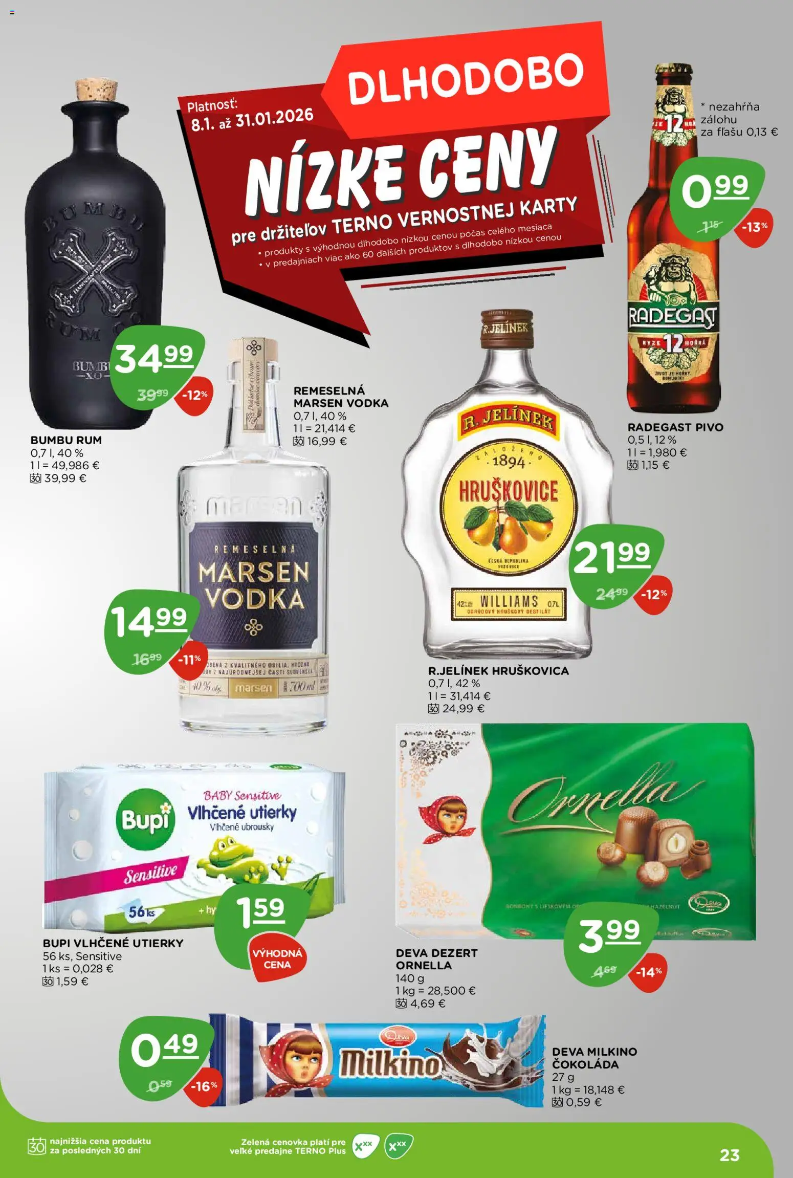 Nové Terno akcie – leták je platný od 15.01.2026 | Strana: 23 | Produkty: Pivo, Čokoláda, Vodka, Rum