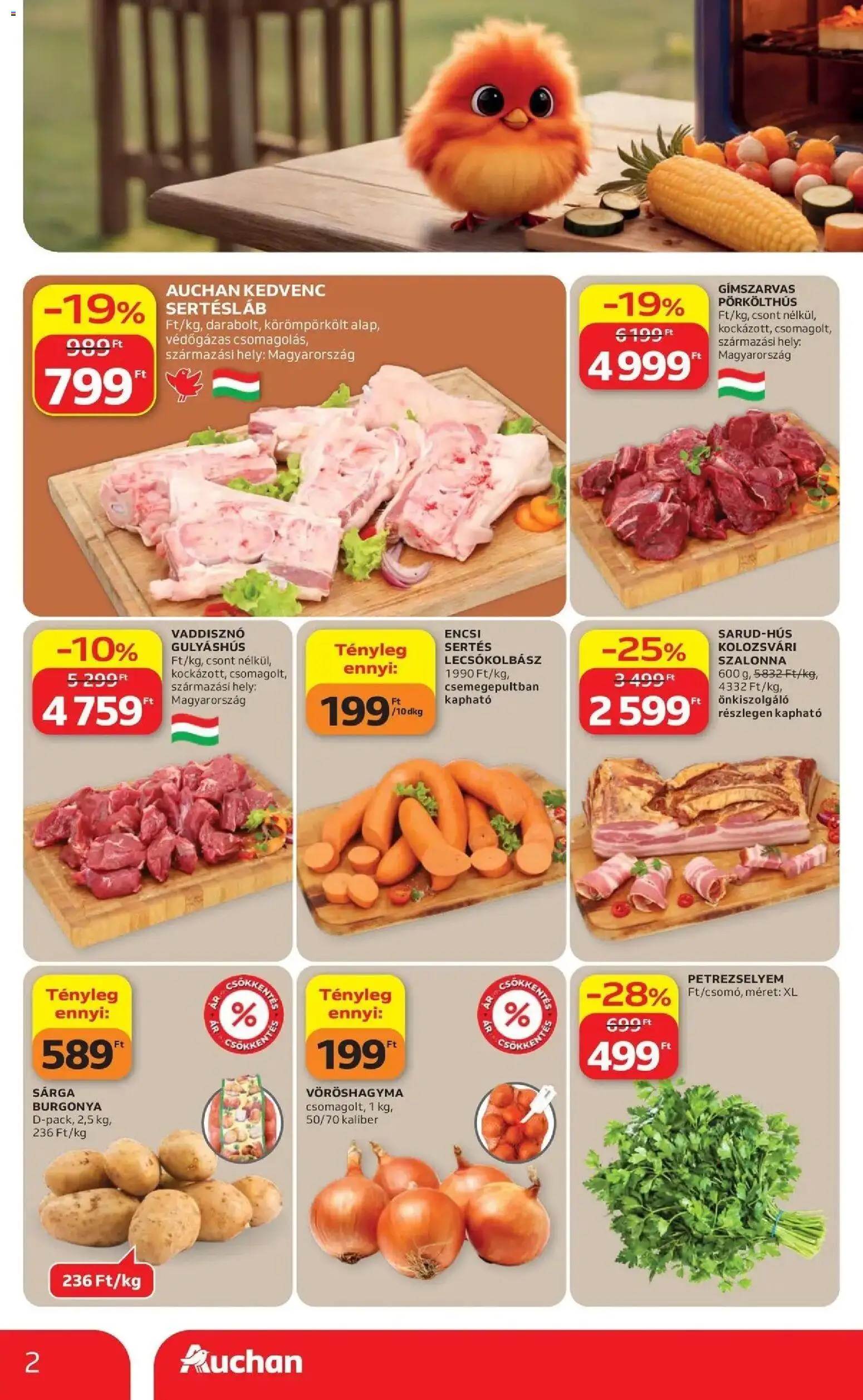 Auchan akciós ujság - amely érvényes a következő dátumtól: 16.04.2026 | Oldal: 2 | Termékek: Petrezselyem, Burgonya, Vöröshagyma, Lecsókolbász
