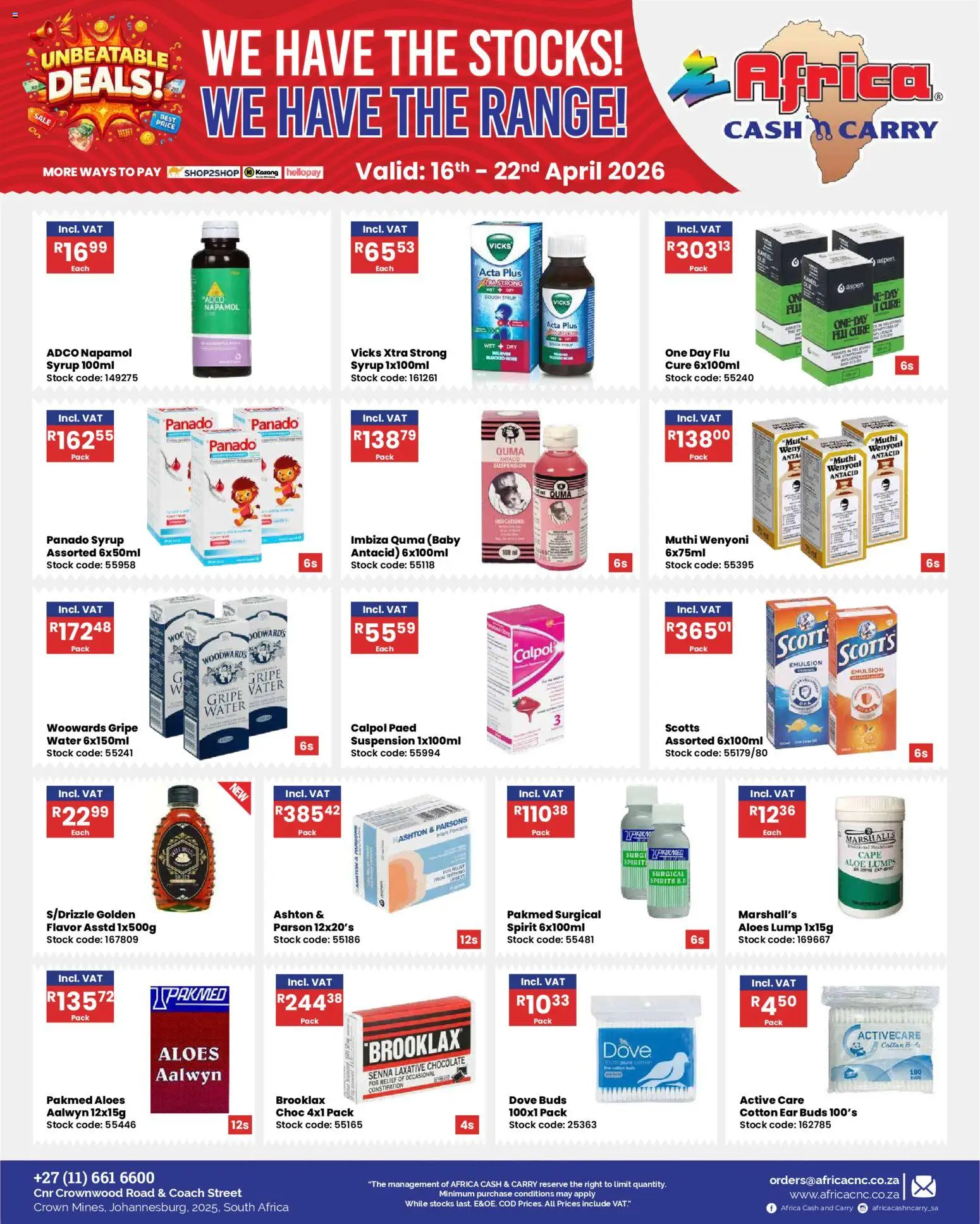 New Africa Cash & Carry catalogue – valid from 16.04.2026 | Page: 9 | Products: Chocolate, Touca de banho, Stock, Syrup