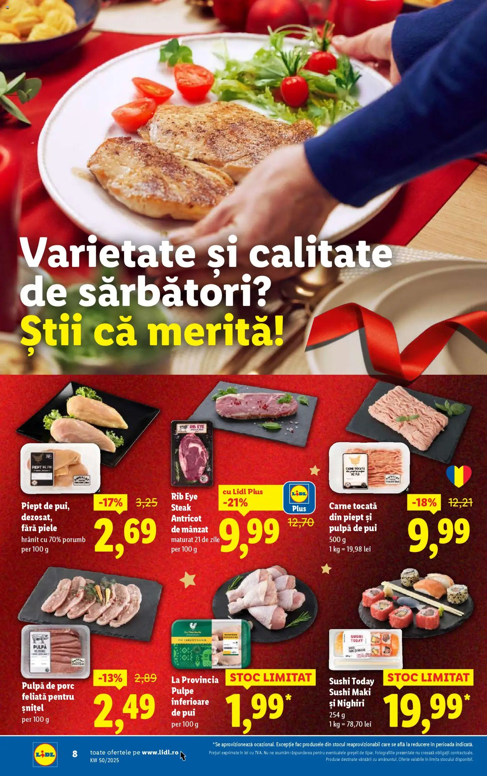 Noul catalog Lidl – valabil de la 08.12.2025 | Pagină: 8 | Produse: Hacıyatmaz Kedi Oyuncağı, Sushi, Carne tocată, Porumb