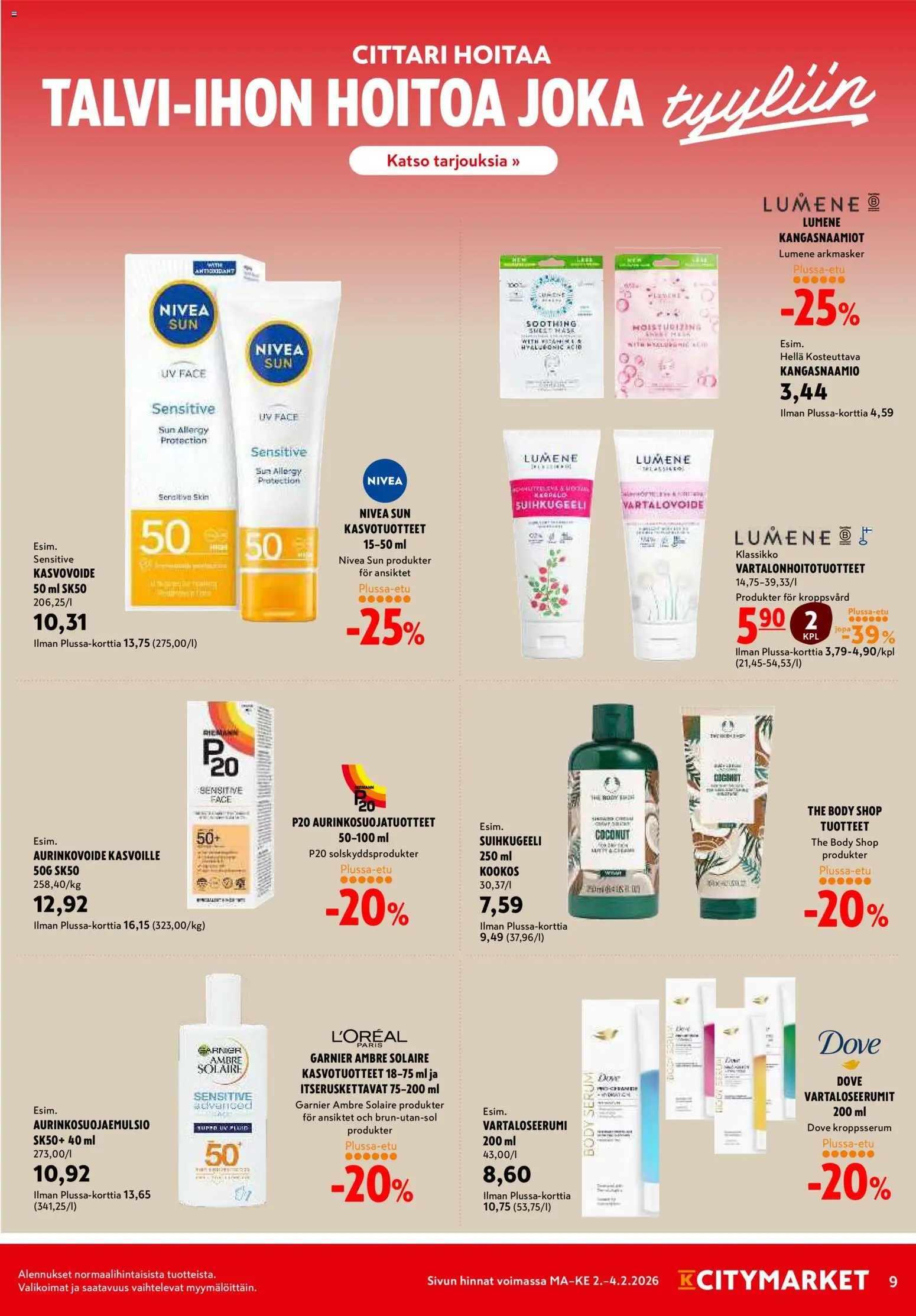 K-Citymarket tarjoukset – voimassa 02.02.2026 alkaen | Sivu: 9 | Tuotteet: Hella, Vartalovoide, Suihkugeeli, Kasvovoide