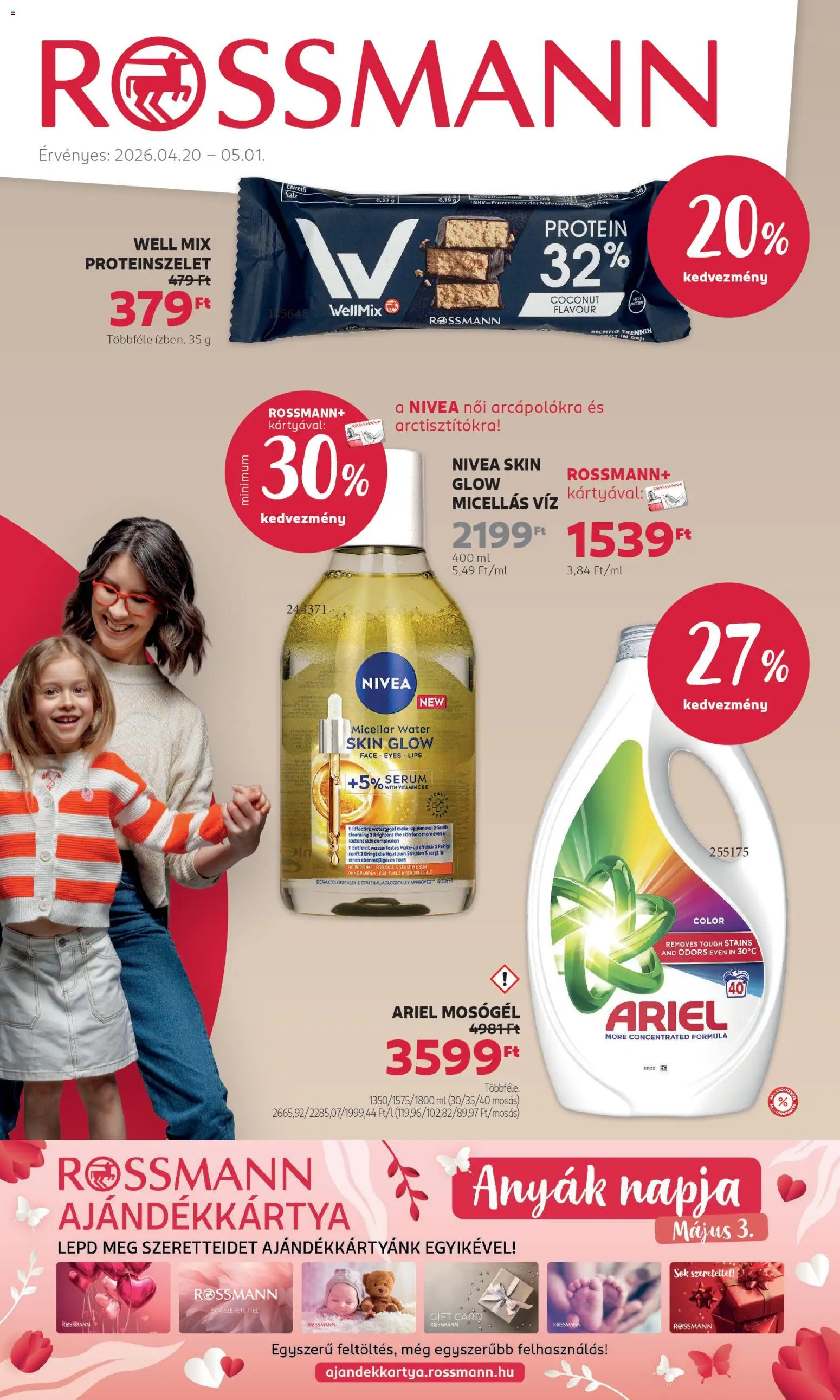 Rossmann akciós ujság - amely érvényes a következő dátumtól: 20.04.2026 | Oldal: 1 | Termékek: Protein bar, Micellás víz, Protein, Mosógél