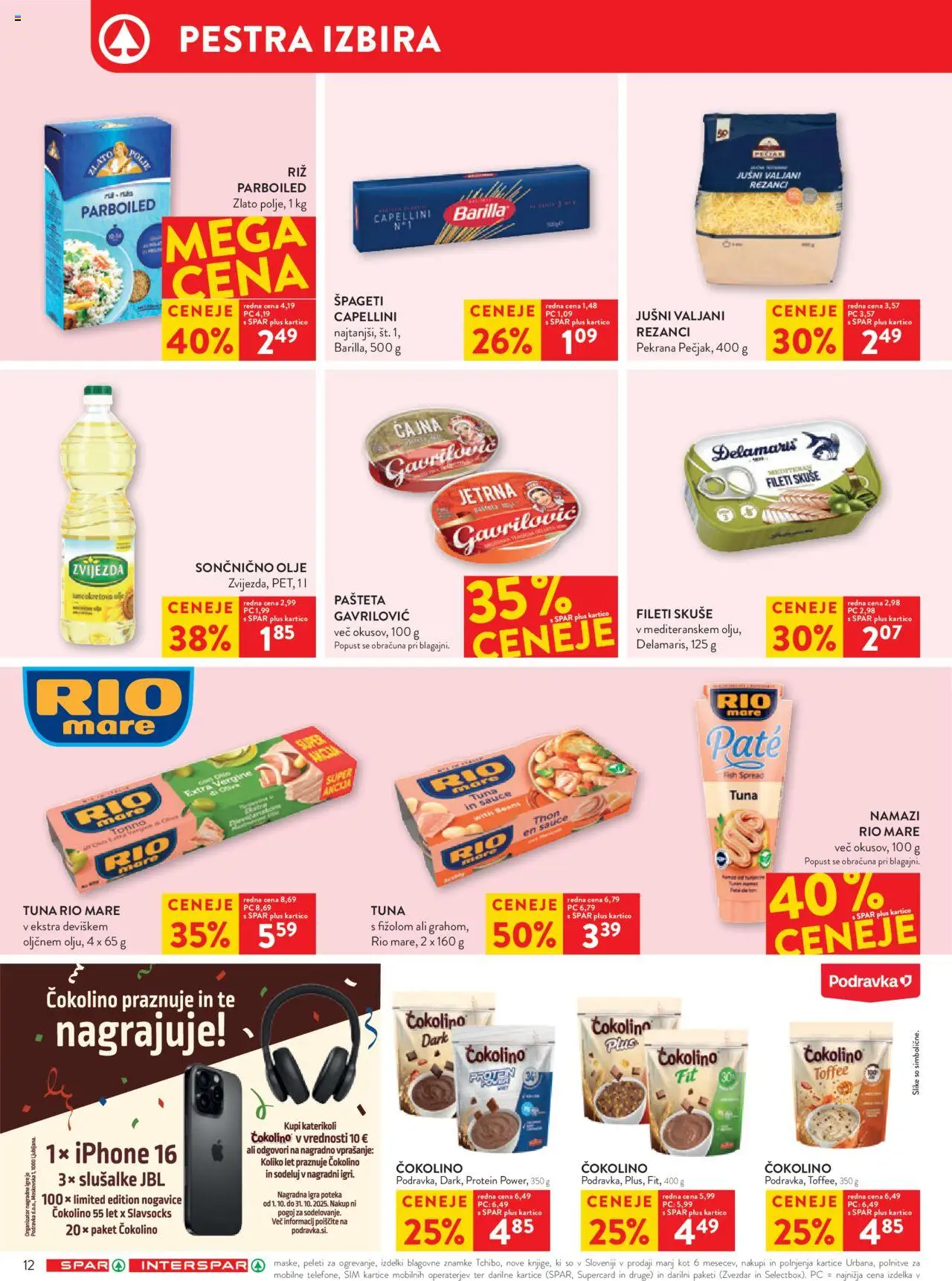 Novi Spar katalog ponudbe – veljaven od 22.10.2025 | Stran: 14 | Izdelki: Slusalke, Tuna, Pašteta, Čokolino