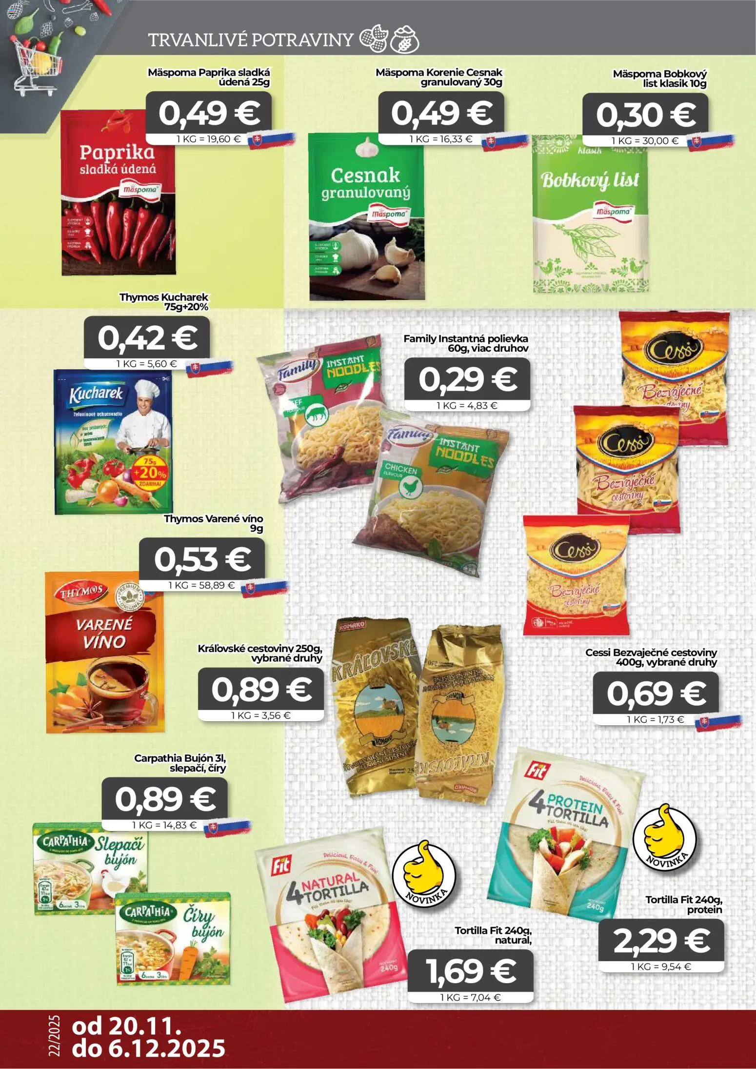 Nové CBA Komfos akcie – leták je platný od 20.11.2025 | Strana: 8 | Produkty: Bujón, Víno, Cestoviny, Korenie