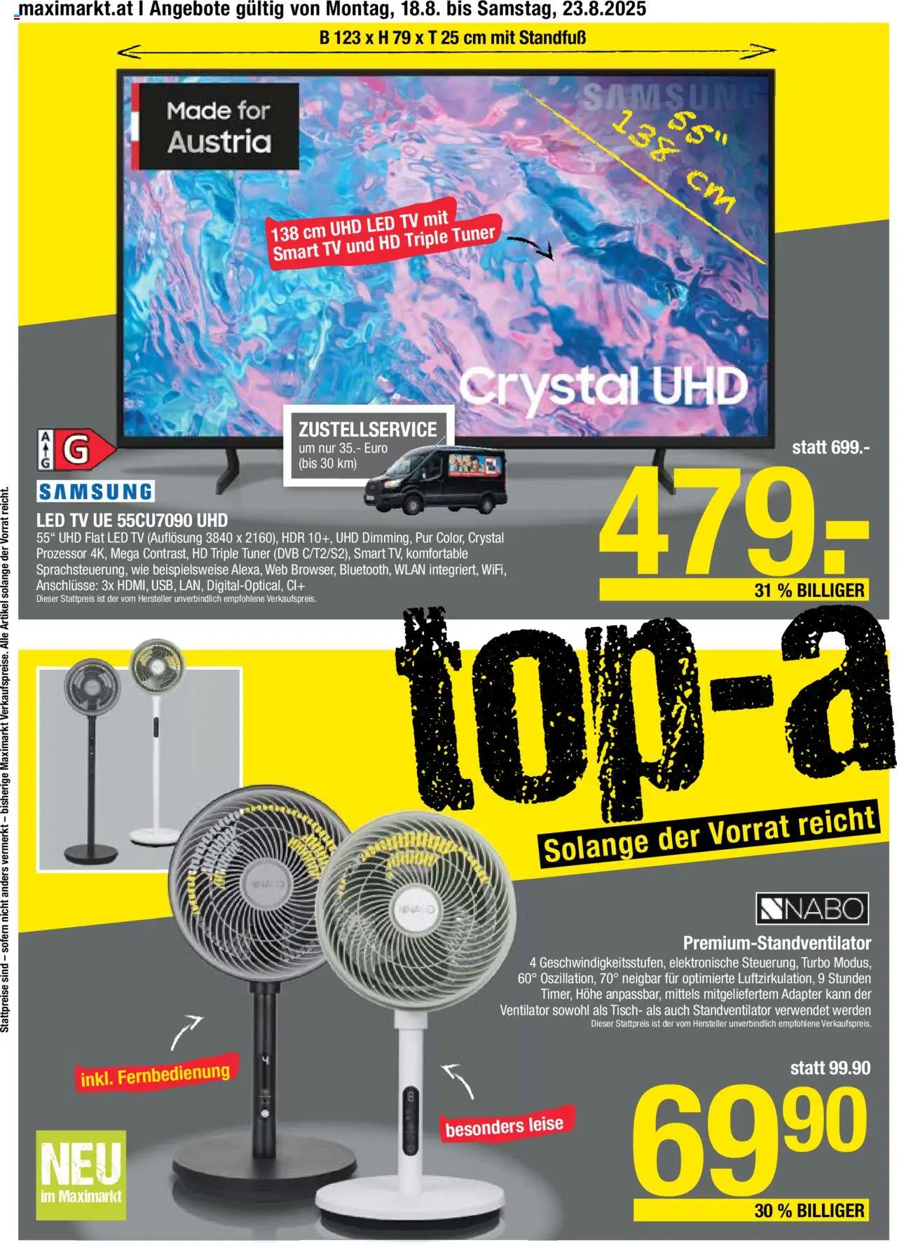 Maximarkt Top Aktion gültig ab 18.08.2025 | Seite: 2 | Produkte: TV, Adapter, Ventilator, Samsung