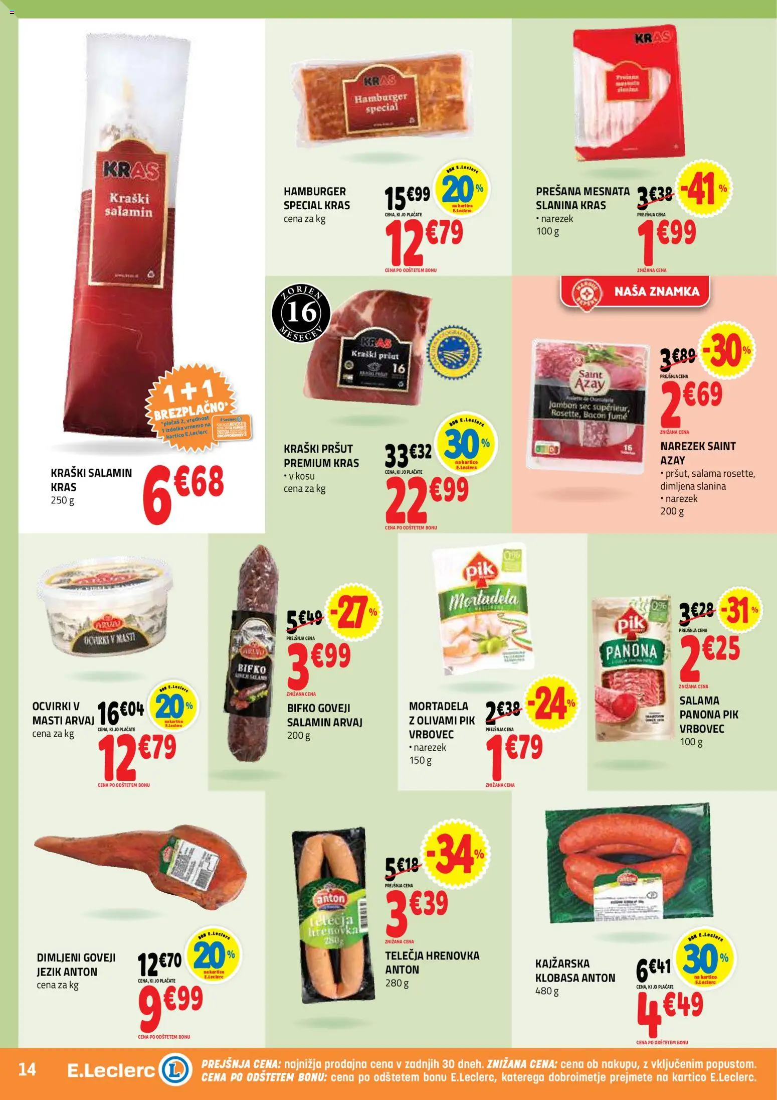 Novi E.leclerc katalog ponudbe – veljaven od 25.03.2026 | Stran: 14 | Izdelki: Mortadela, Narezek, Ocvirki, Salama