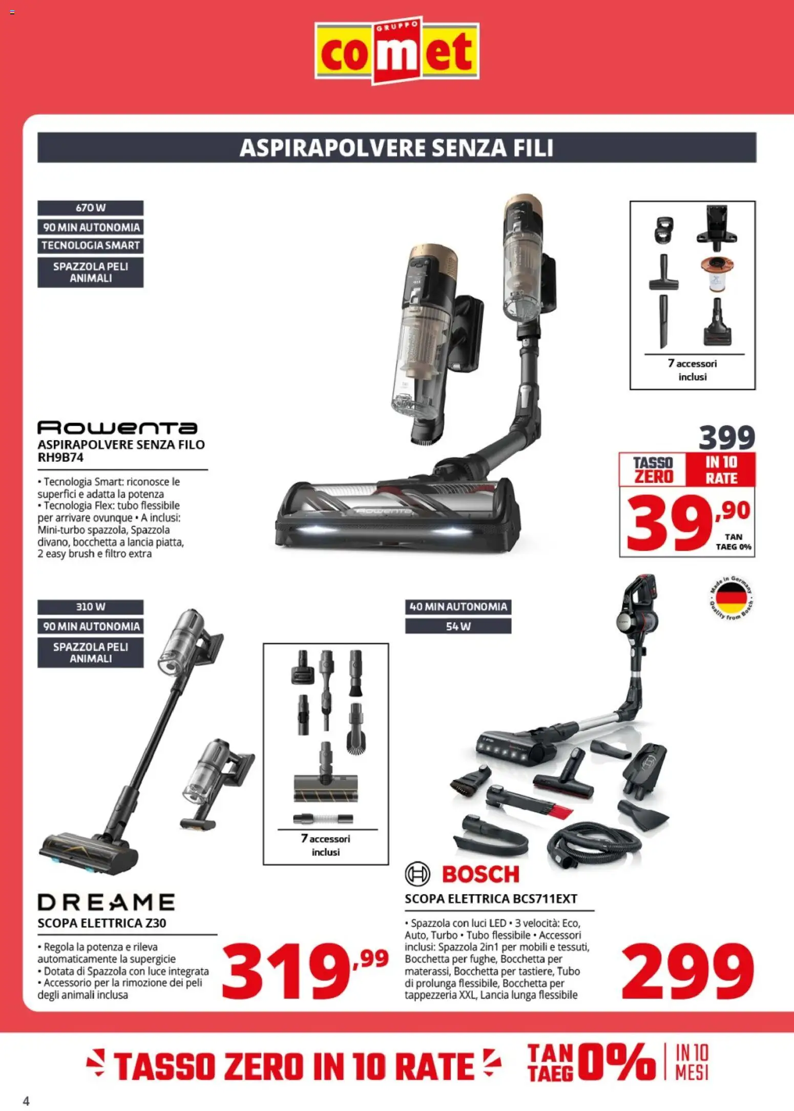 Volantino Comet del 13.04.2026 | Pagina: 4 | Prodotti: Aspirapolvere senza fili, Tubo, Scopa, Aspirapolvere