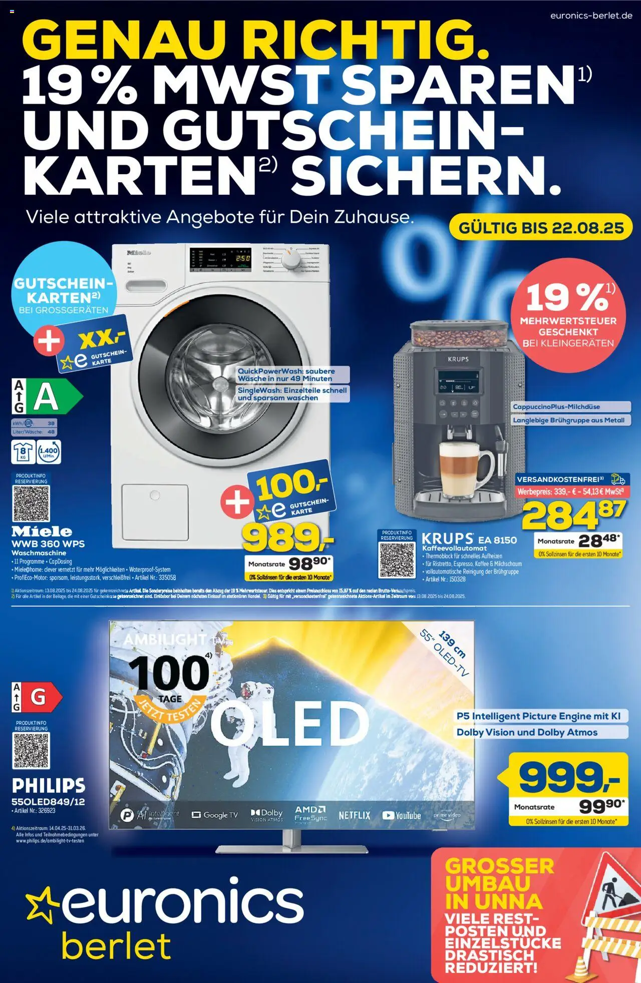 Euronics Prospekt Berlet - gültig ab dem 13.08.2025 | Seite: 1 | Produkte: Philips, Waschmaschine, TV, Video