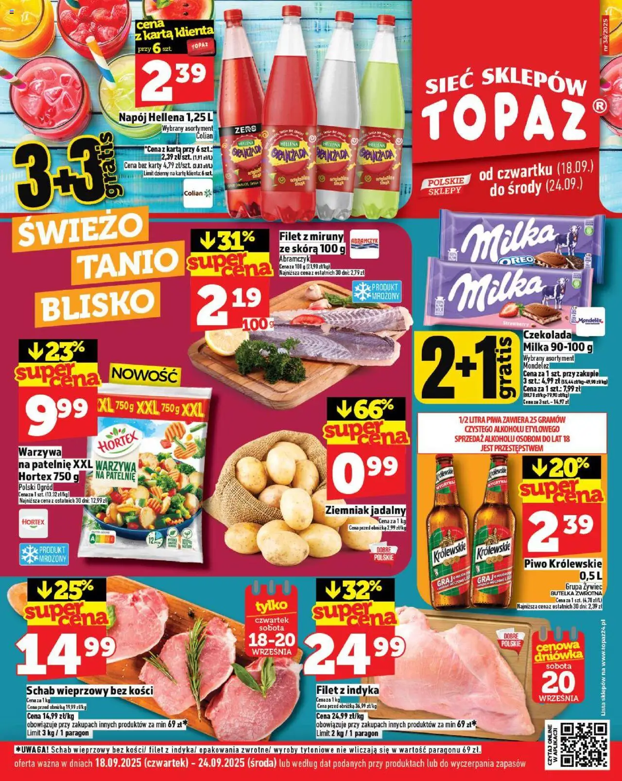 Topaz Gazetka od 18.09.2025 | Strona: 1 | Produkty: Schab, Milka, Czekolada, Warzywa