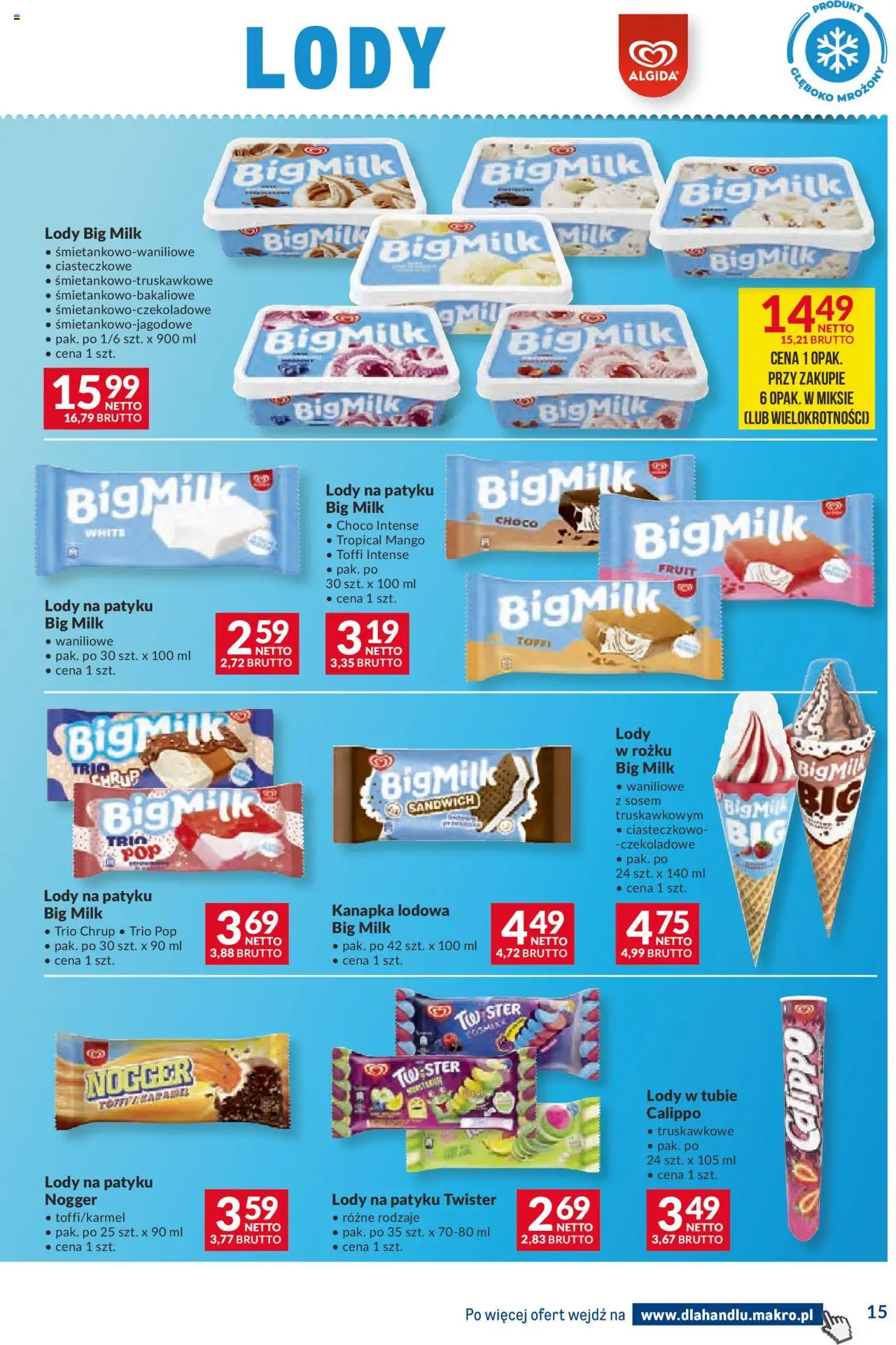 Makro Gazetka - Dystrybucja do sklepów od 16.09.2025 | Strona: 15 | Produkty: Mango, Sandwich, Big Milk, Lody
