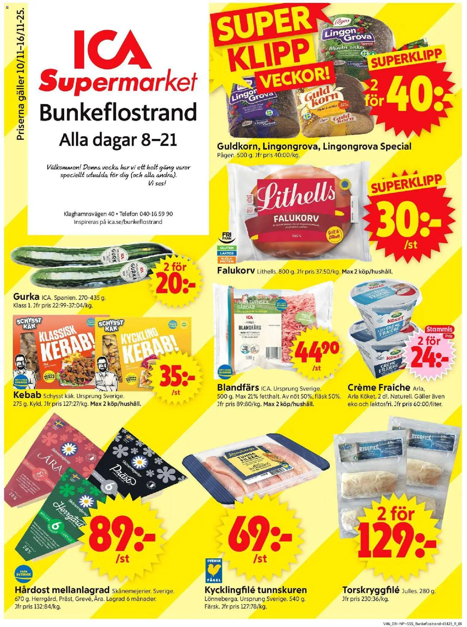ICA Supermarket reklamblad aktuell från 10.11.2025 | Sida: 1 | Produkter: Falukorv, Creme fraiche, Mjölk, Telefon