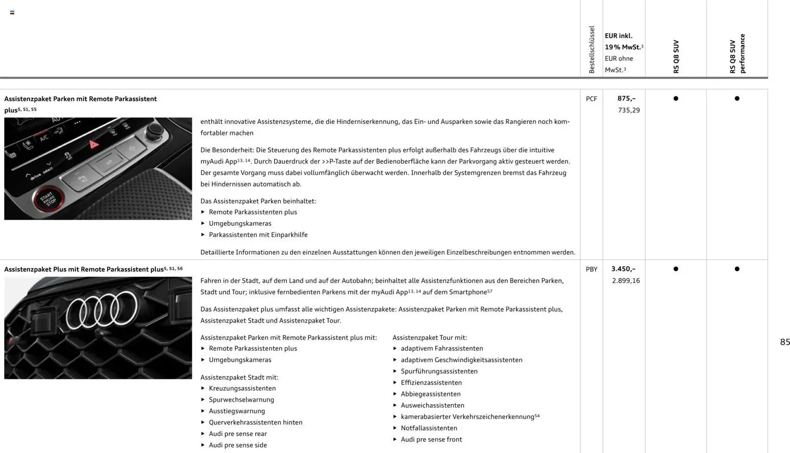 Audi Preisliste RS Q8 SUV/ RS Q8 SUV performance – gültig ab 03.11.2025 | Seite: 85
