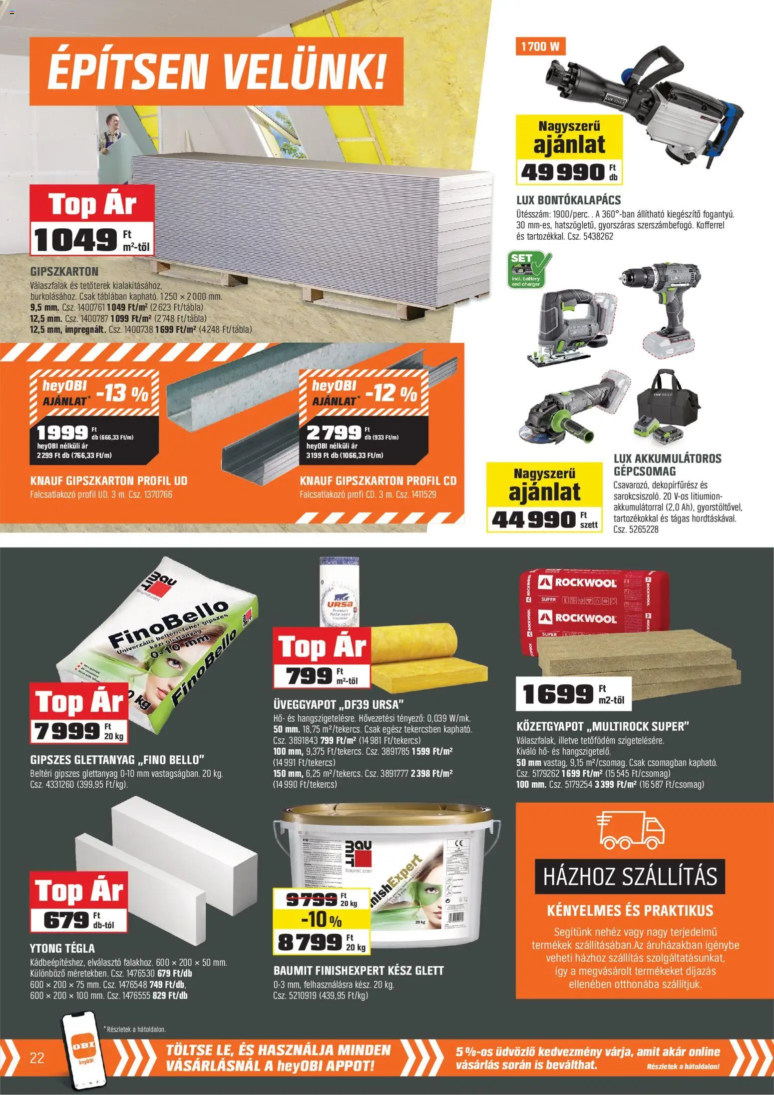 OBI akciós ujság - amely érvényes a következő dátumtól: 03.03.2026 | Oldal: 22 | Termékek: Gipszkarton, Dekopírfűrész, Bontókalapács, Ytong