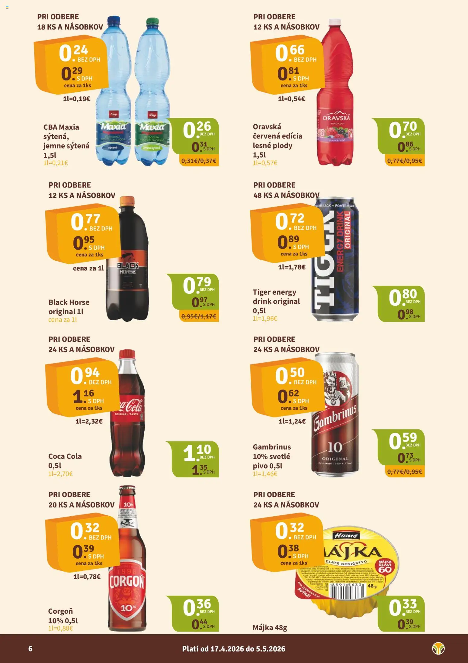 Nové Nitrazdroj akcie – leták je platný od 17.04.2026 | Strana: 6 | Produkty: Pivo, Corgoň, Coca cola, Cola