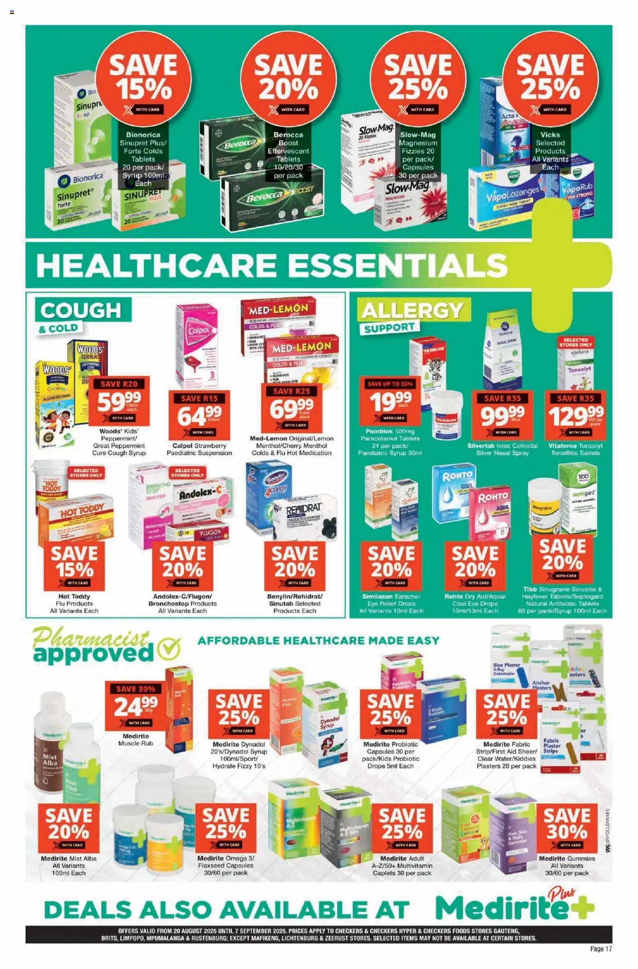 Checkers Gauteng - August Month-End Promotion │ valid from 20.08.2025 | Page: 17 | Products: Cough syrup, Plaster, Syrup, Nasal spray