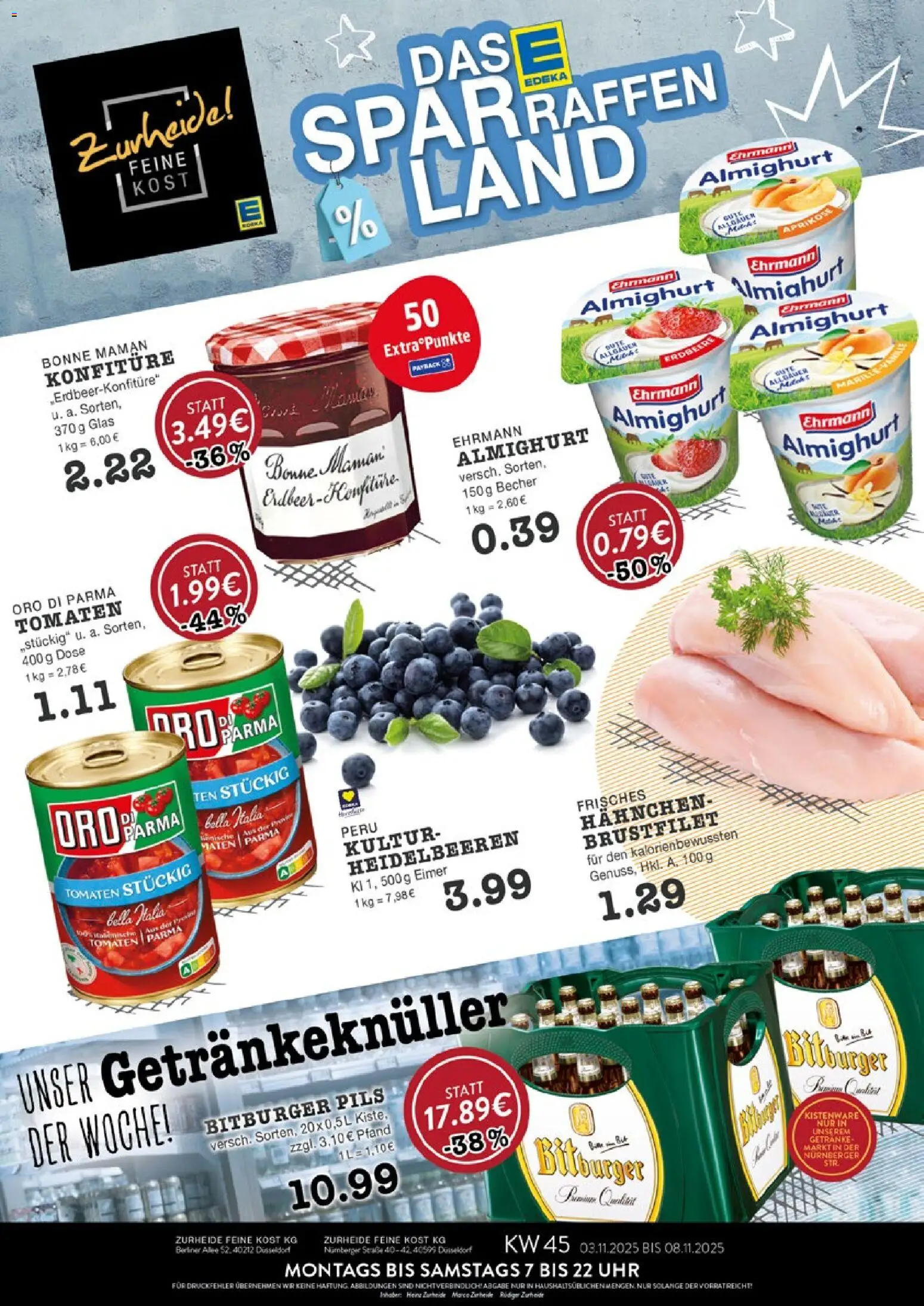 Edeka Zurheide Prospekt 	 – gültig ab 03.11.2025 | Seite: 1 | Produkte: Bitburger, Pils, Heidelbeeren, Bonne maman