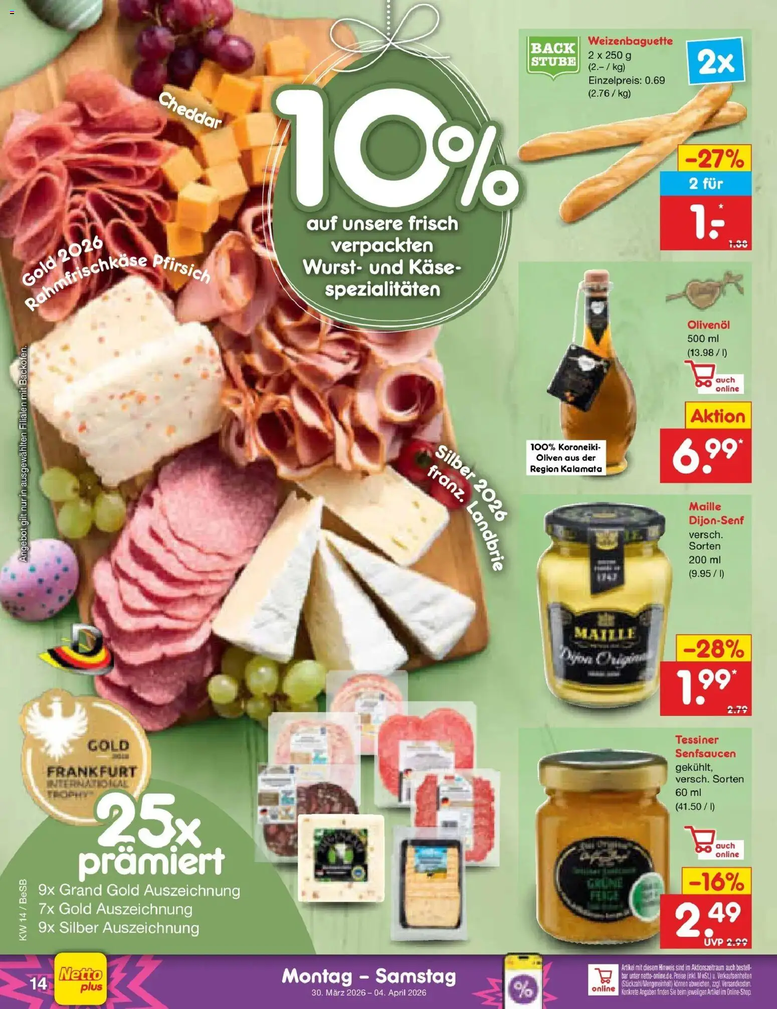 Netto Marken-Discount Prospekt Kremmen	 – gültig ab 30.03.2026 | Seite: 16 | Produkte: Käse, Olivenol, Wurst, Pfirsich