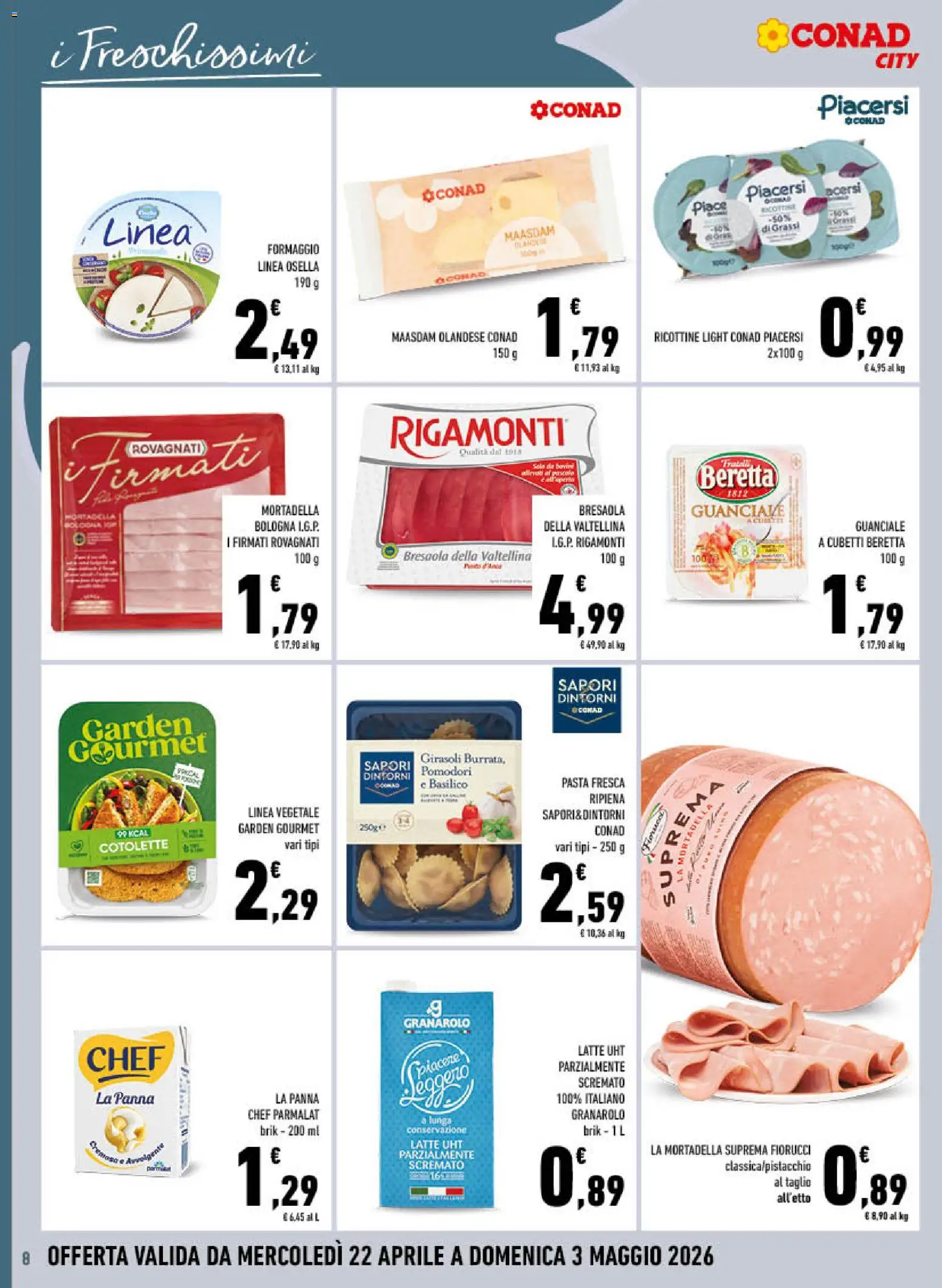 Volantino Conad del 22.04.2026 | Pagina: 8 | Prodotti: Bresaola, Latte, Formaggio, Guanciale