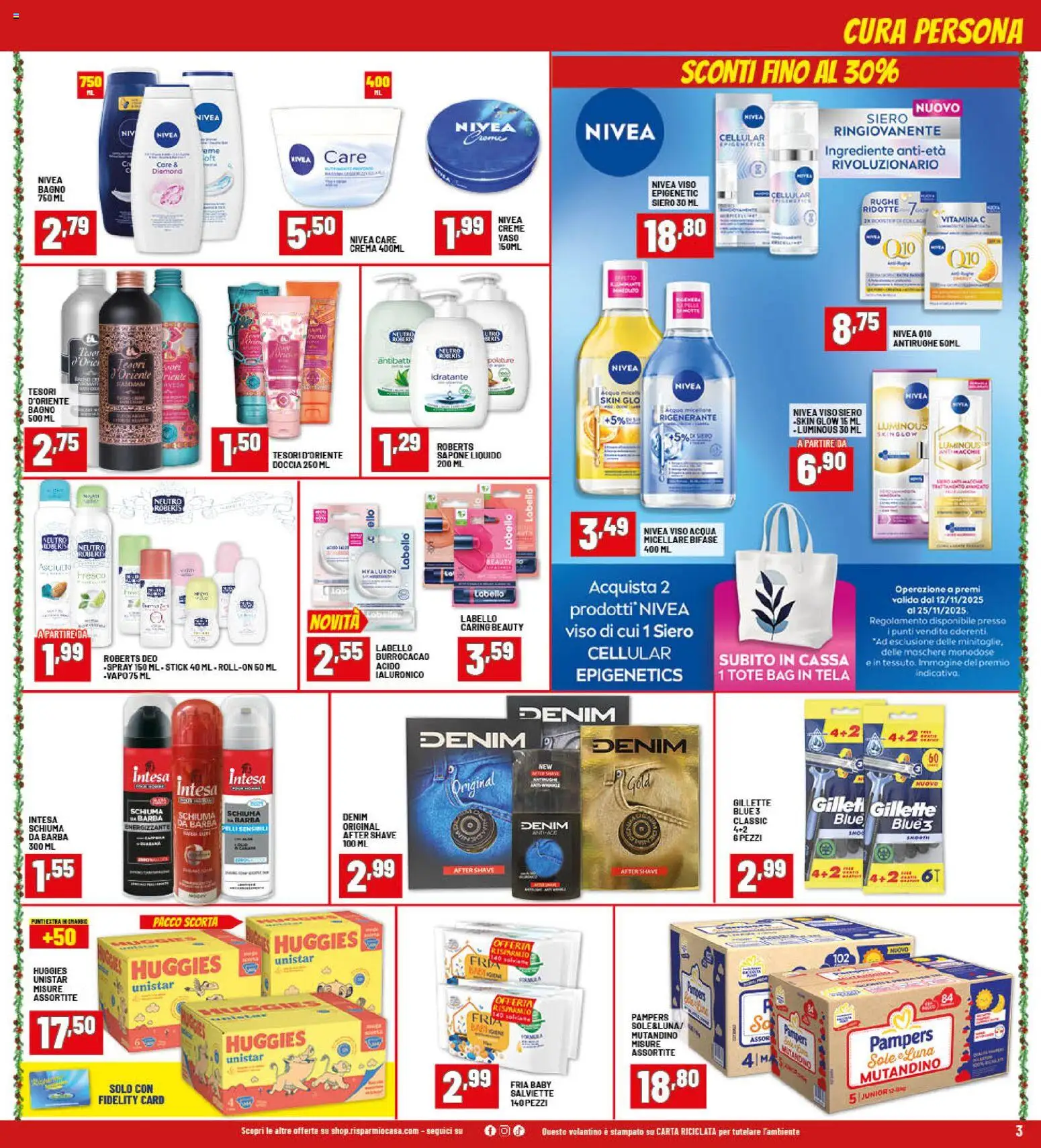 Volantino RisparmioCasa del 26.11.2025 | Pagina: 3 | Prodotti: Acqua micellare, Sapone, Acqua, Pampers