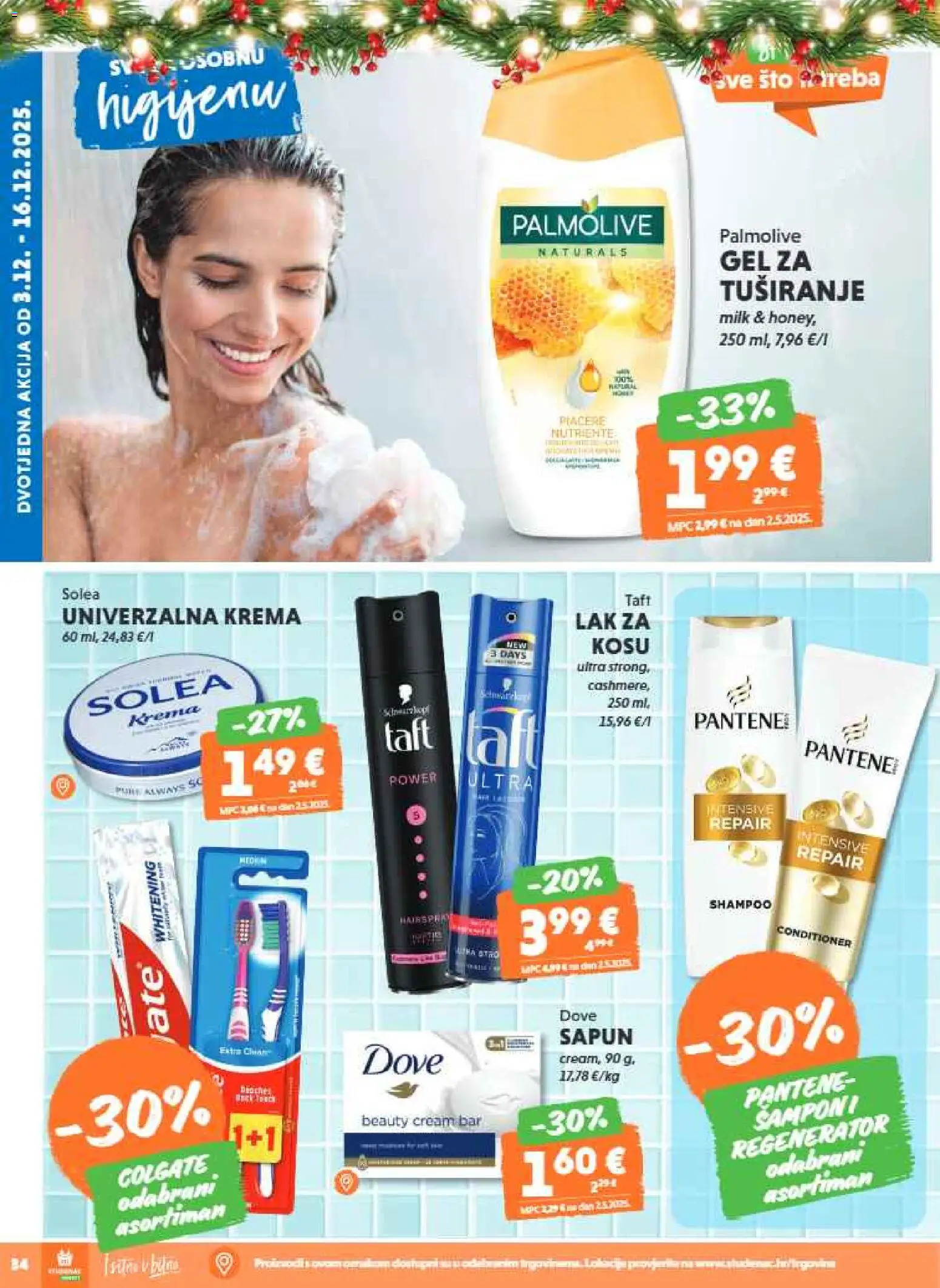 Studenac katalog | vrijedi od 10.12.2025 | Stranica: 34 | Proizvodi: Lak za kosu, Sapun, Gel za tuširanje, Dove
