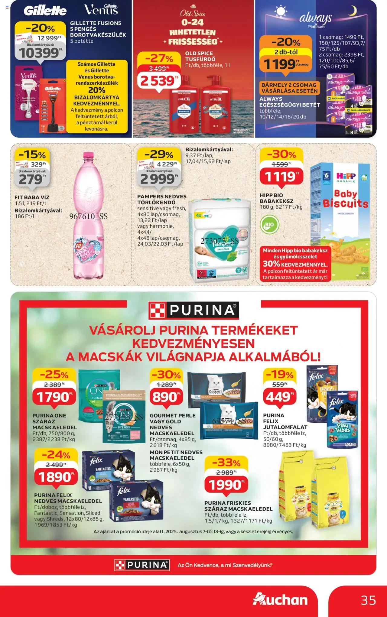 Auchan akciós ujság - amely érvényes a következő dátumtól: 07.08.2025 | Oldal: 35 | Termékek: Félix macskaeledel, Macskaeledel, Törlőkendő, Tusfürdő