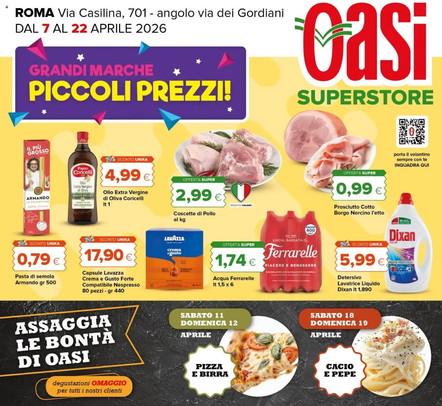 Volantino Oasi del 07.04.2026 | Pagina: 1 | Prodotti: Prosciutto Cotto, Acqua, Olio, Lavatrice