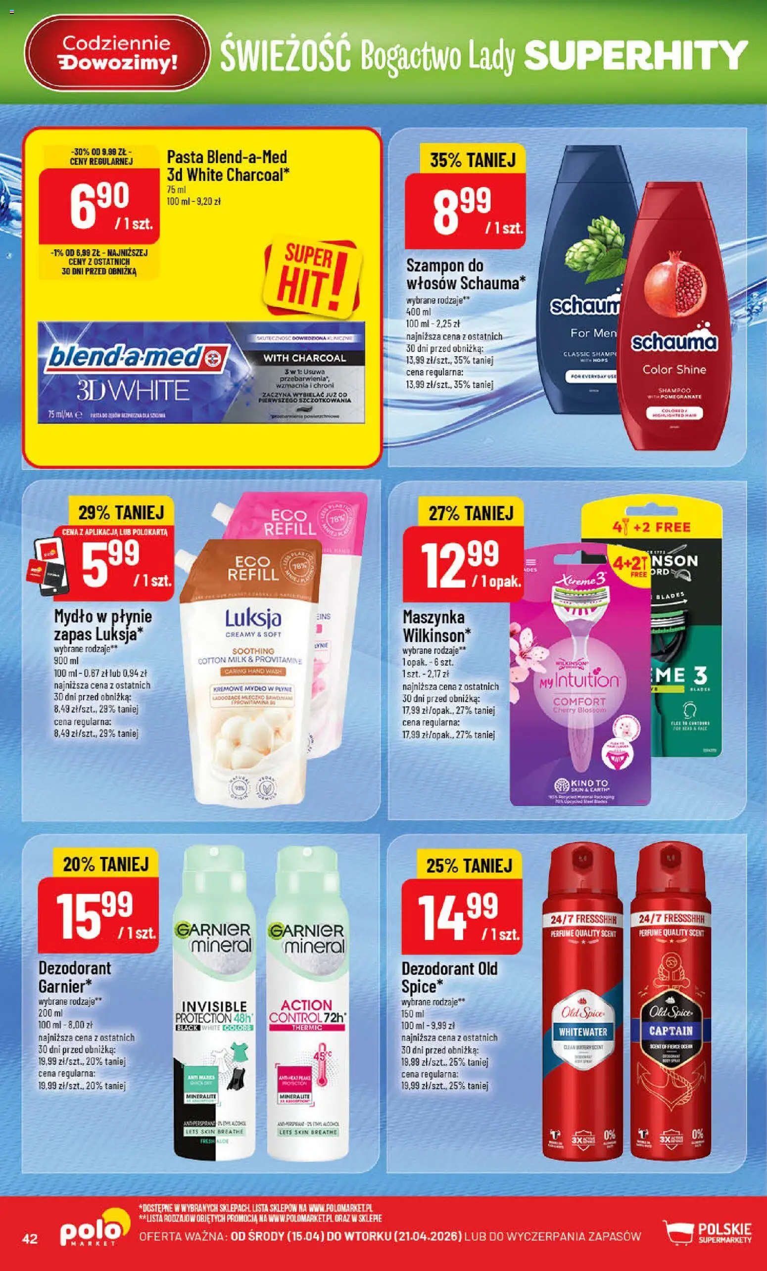 POLOmarket gazetka od 15.04.2026 | Strona: 42 | Produkty: Kremowe mydło w płynie, Szampon, Mydło, Dezodorant