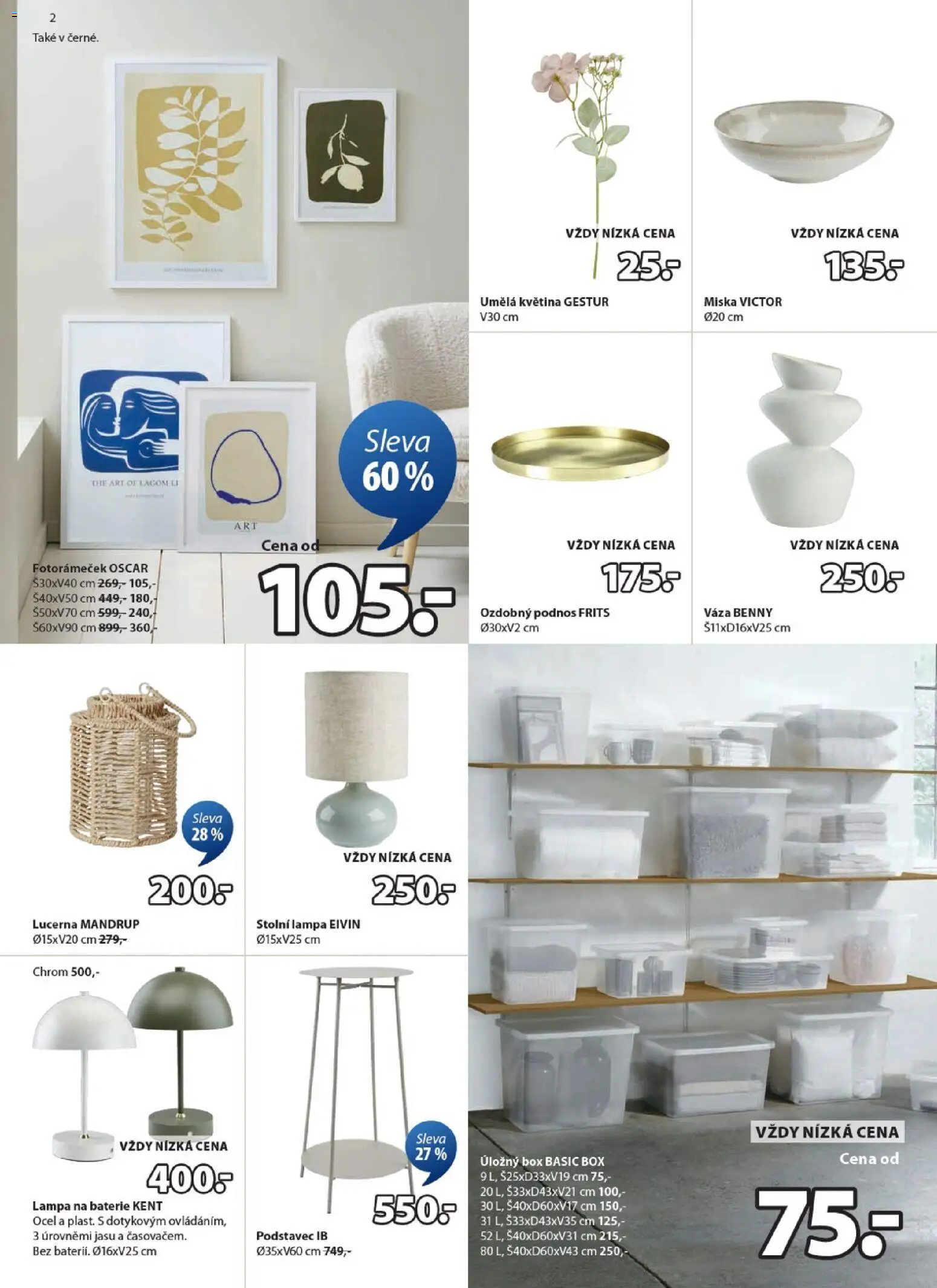 JYSK leták - Výprodej od 12.01.2026 | Strana: 2 | Produkty: Úložný box, Lampa na baterie, Fotorámeček, Váza