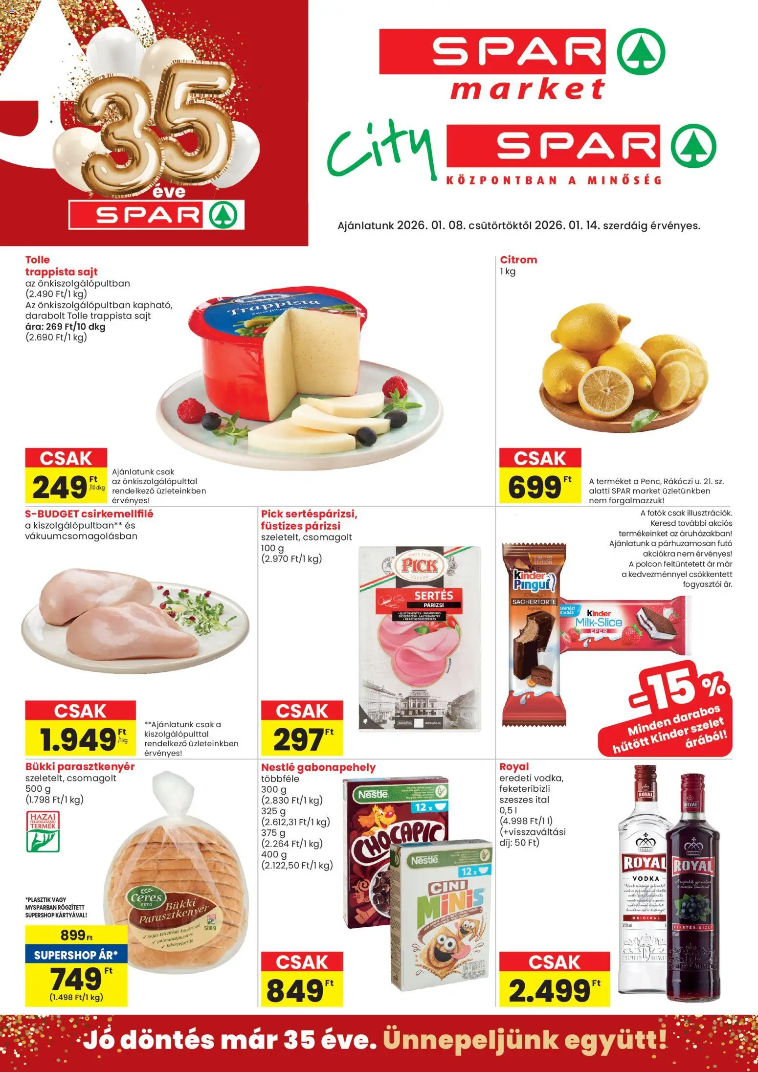 Spar Market akciós ujság - amely érvényes a következő dátumtól: 08.01.2026 | Oldal: 1 | Termékek: Pick, Sajt, Vodka, Trappista sajt