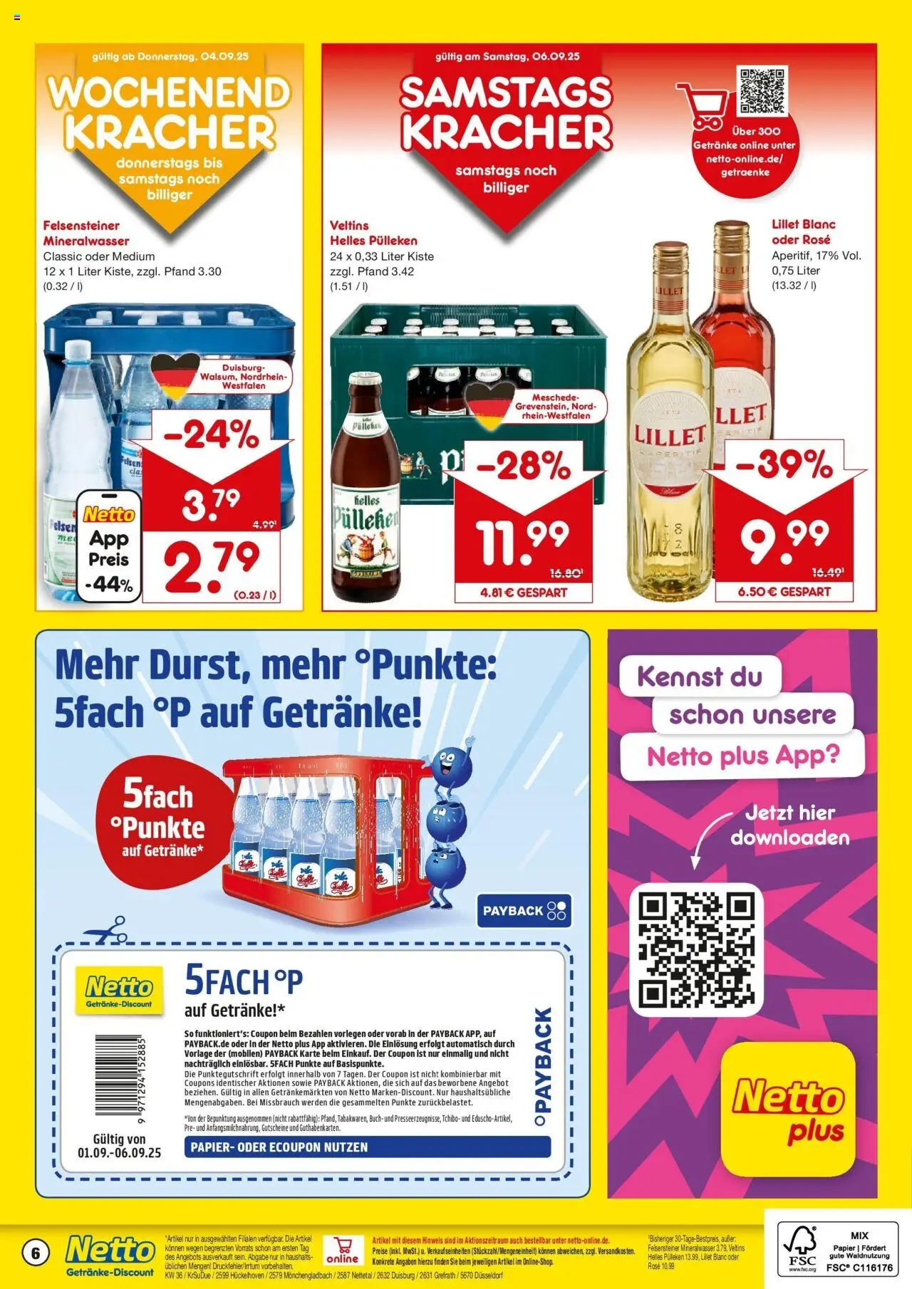 Netto Marken-Discount prospekt Mönchengladbach	 – gültig ab 01.09.2025 | Seite: 6 | Produkte: Helles pulleken, Mineralwasser, Lillet, Veltins