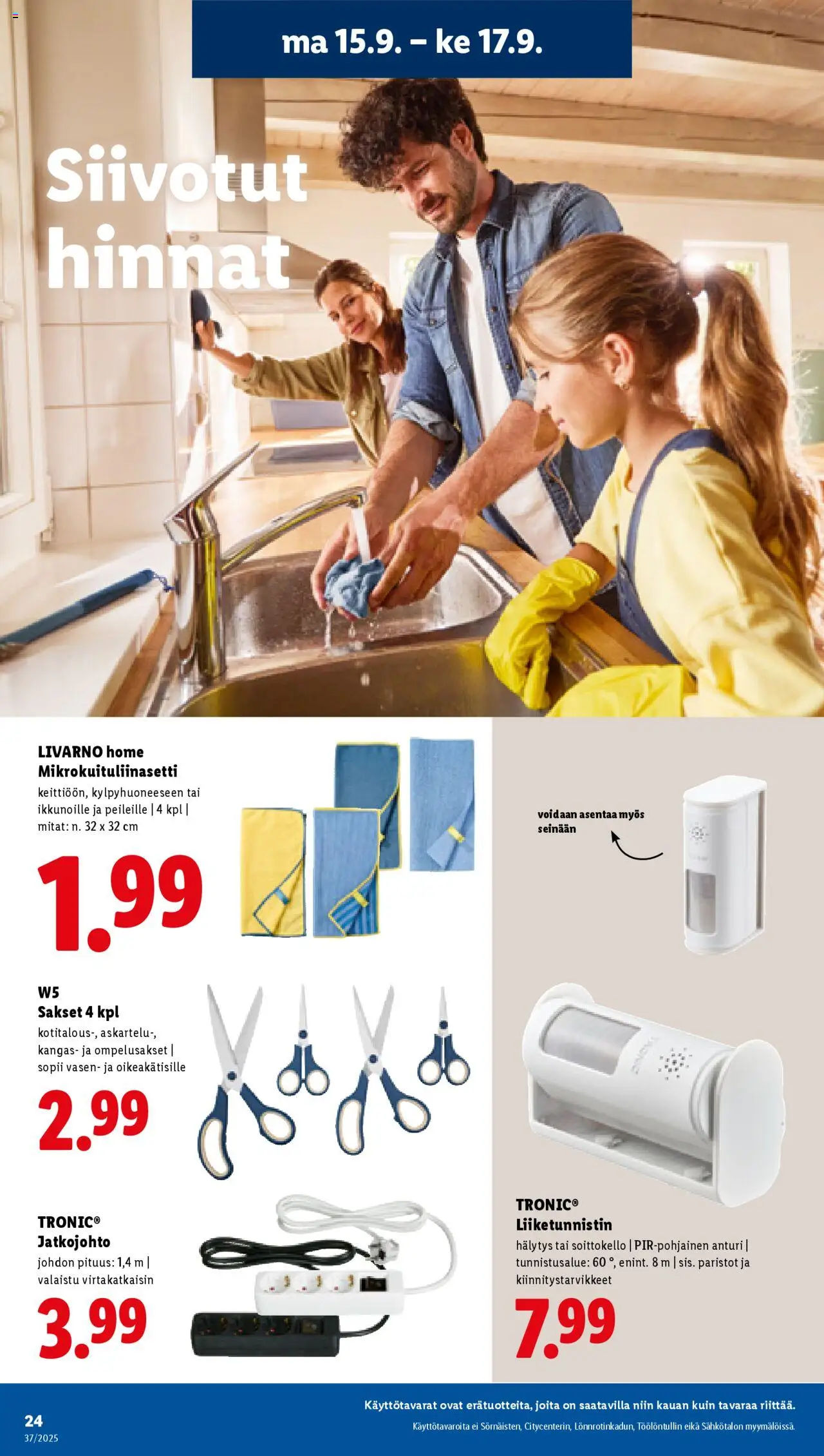 Lidl tarjoukset – voimassa 11.09.2025 alkaen | Sivu: 28 | Tuotteet: Jatkojohto, Kangas, Sakset, Paristot
