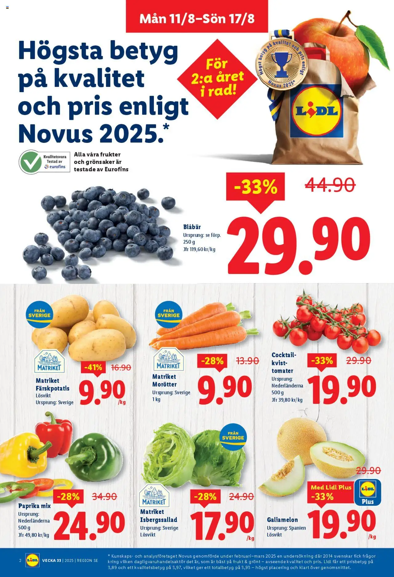 Lidl reklamblad aktuell från 11.08.2025 | Sida: 2 | Produkter: Färskpotatis, Isbergssallad, Tomater, Blåbär