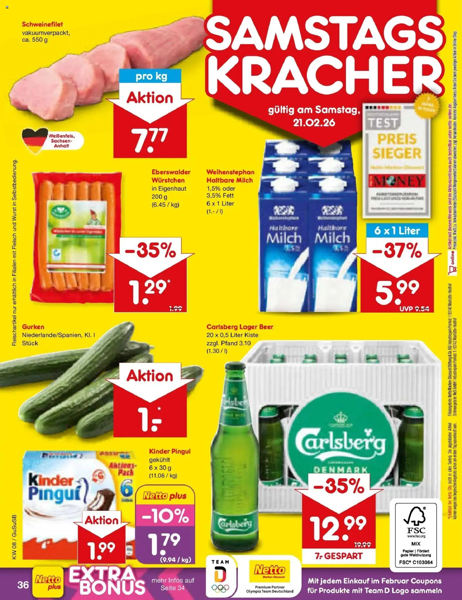 Netto Marken-Discount prospekt Rodewisch	 – gültig ab 16.02.2026 | Seite: 50 | Produkte: Carlsberg, Milch, Schweinefilet, Gurken