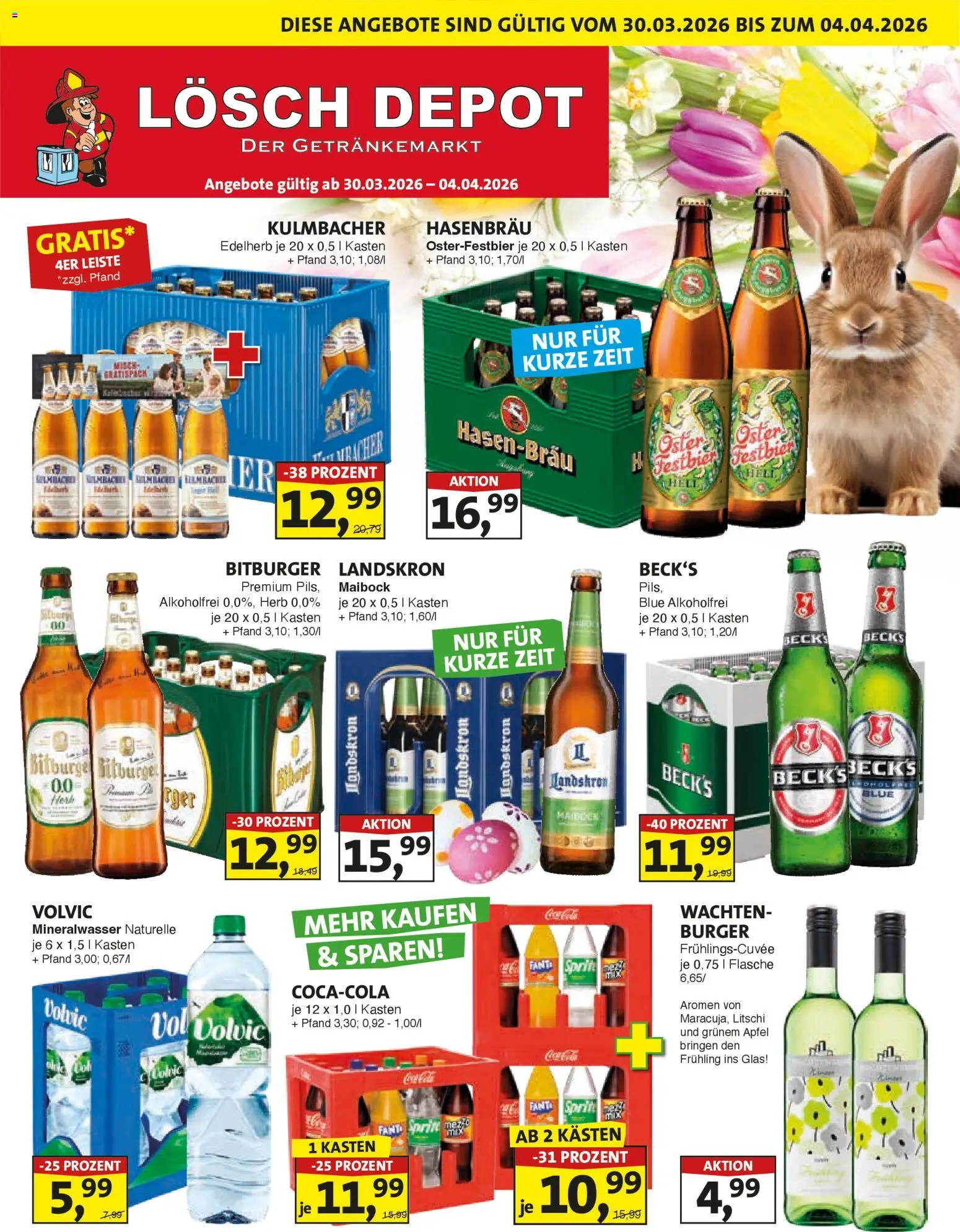 Lösch Depot Prospekt – gültig ab 30.03.2026 | Seite: 1 | Produkte: Burger, Äpfel, Mineralwasser, Volvic