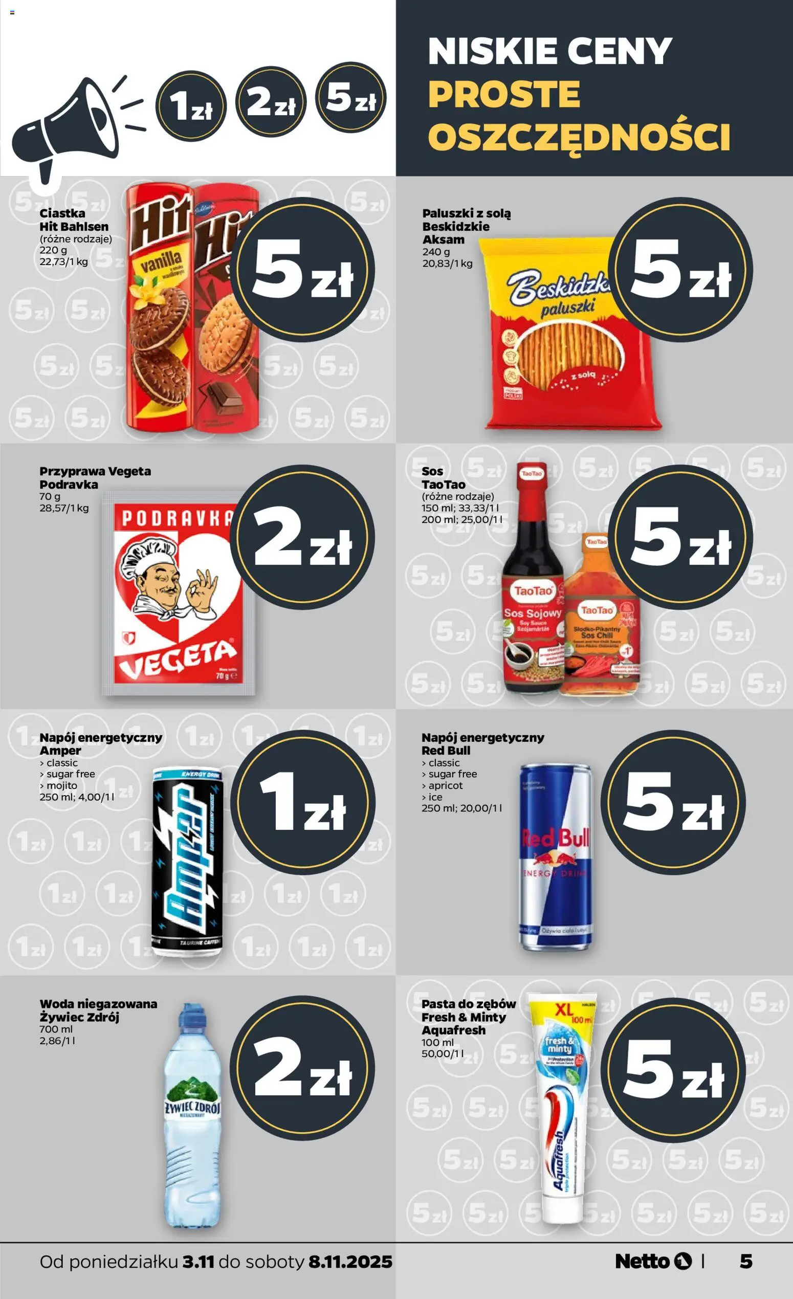 Netto gazetka - Spożywcza od 02.11.2025 | Strona: 5 | Produkty: Red bull, Woda niegazowana, Sos sojowy, Pasta do zębów
