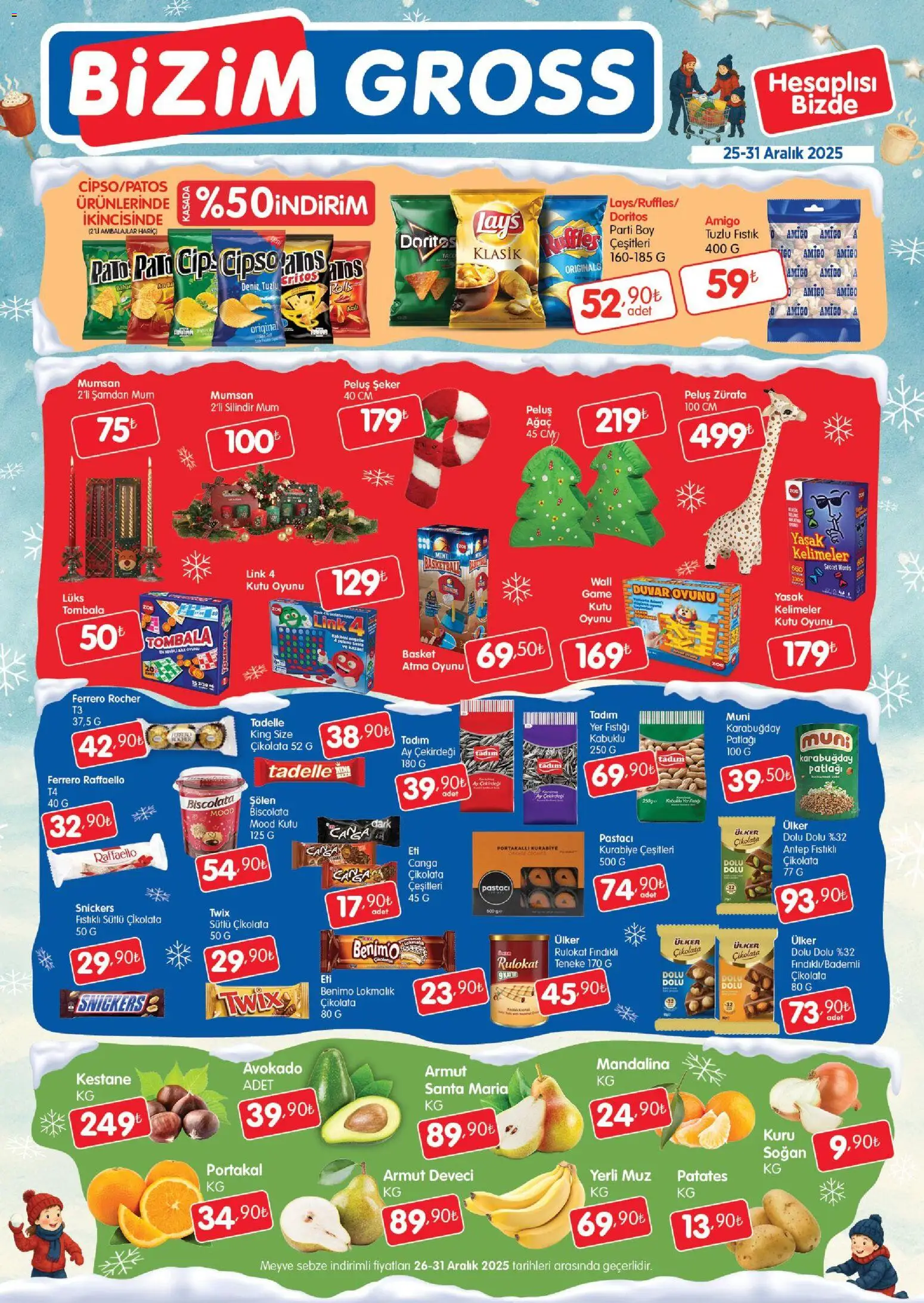 Bizim Toptan - Bizim Gross Fırsat Bülteni - 25.12.2025 tarihinden itibaren geçerlidir | Sayfa: 1 | Ürünler: Çikolata, Sebze, Meyve, Kestane