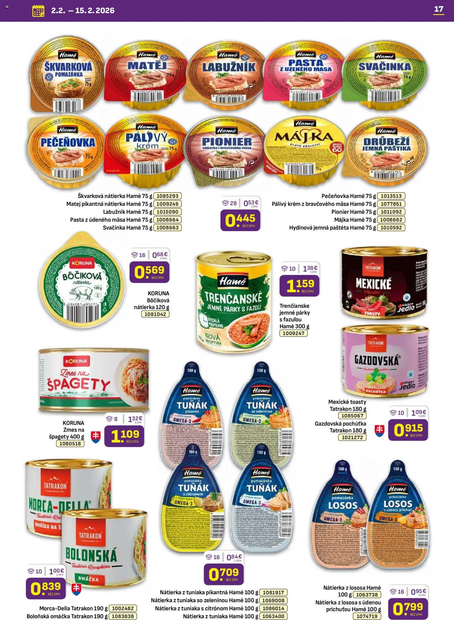 Nové Libex akcie – leták je platný od 02.02.2026 | Strana: 17 | Produkty: Krém, Omáčka, Párky, Špagety