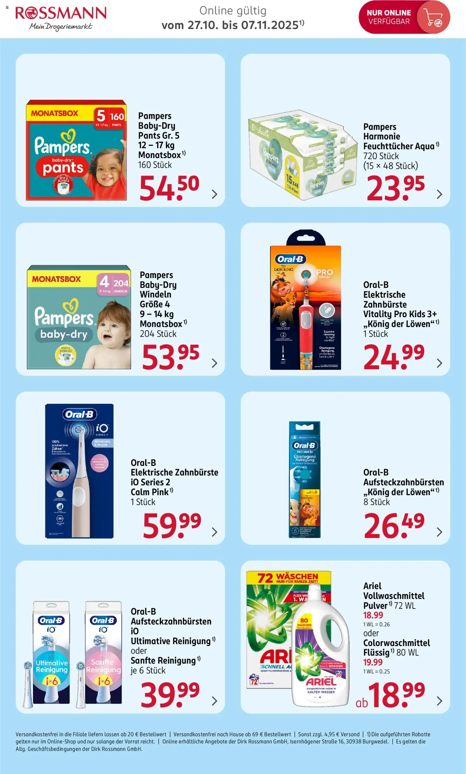 Rossmann Mit P&G Marken sparen – gültig ab 27.10.2025 | Seite: 2 | Produkte: Ariel, Pampers, Zahnbürste, Wasser