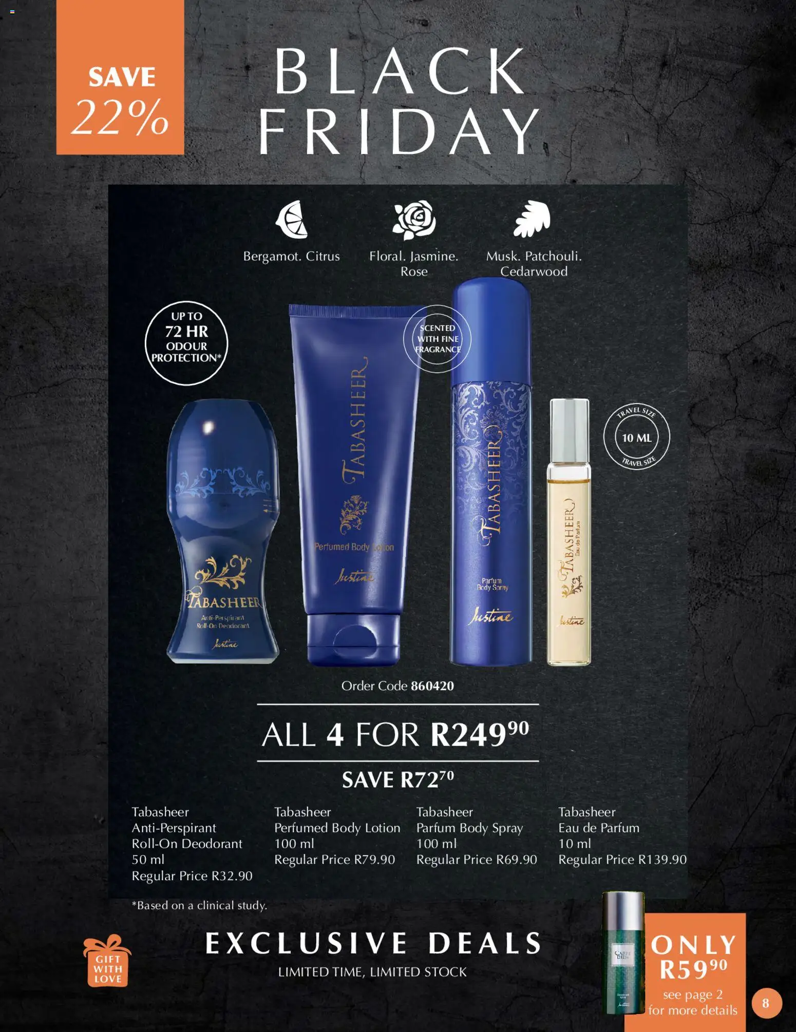 New Justine catalogue – valid from 21.11.2025 | Page: 8 | Products: Body spray, Fragrance, Stock, Lotion