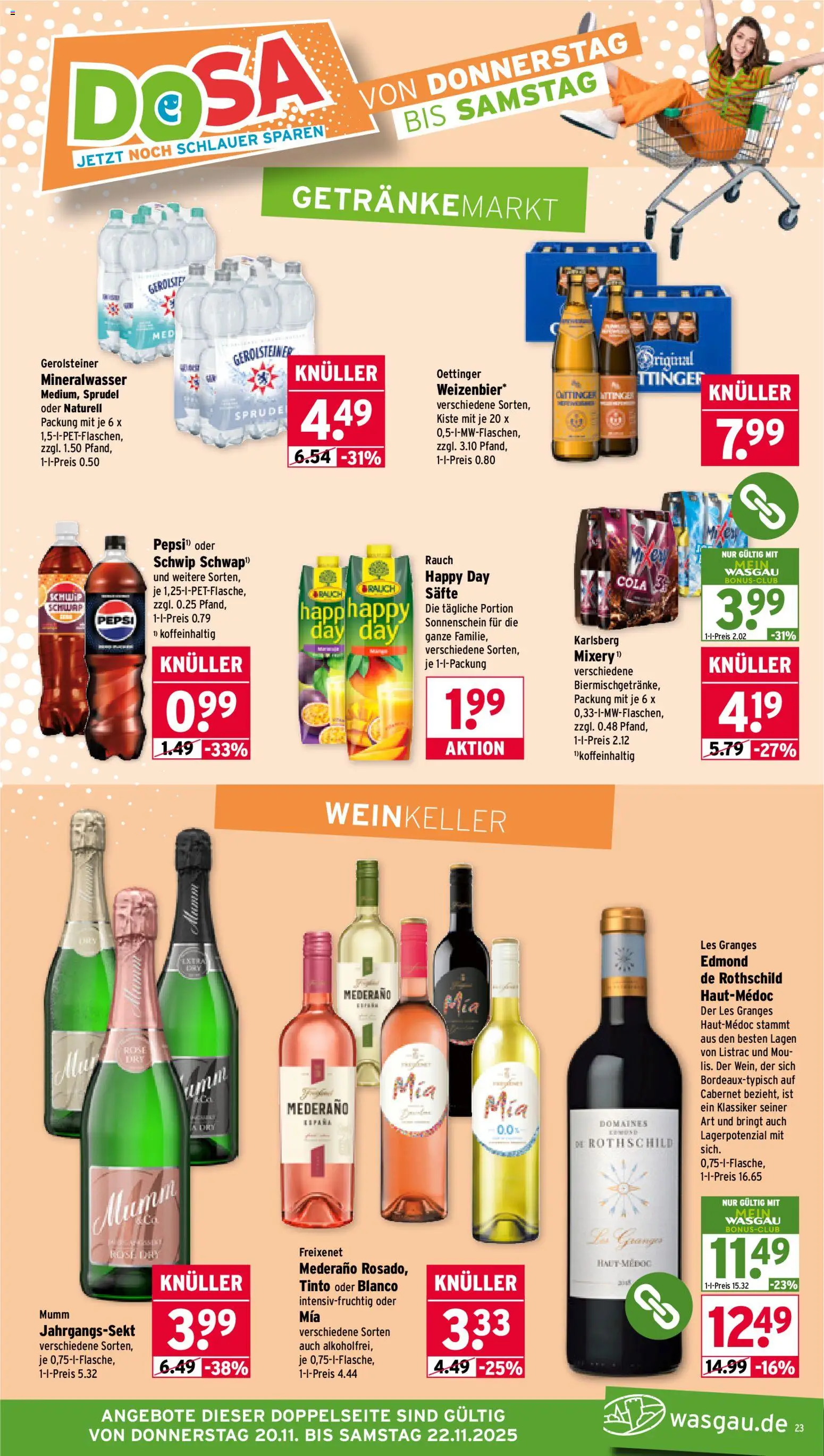 Wasgau Prospekt 	 – gültig ab 17.11.2025 | Seite: 23 | Produkte: Cola, Pepsi, Mixery, Gerolsteiner
