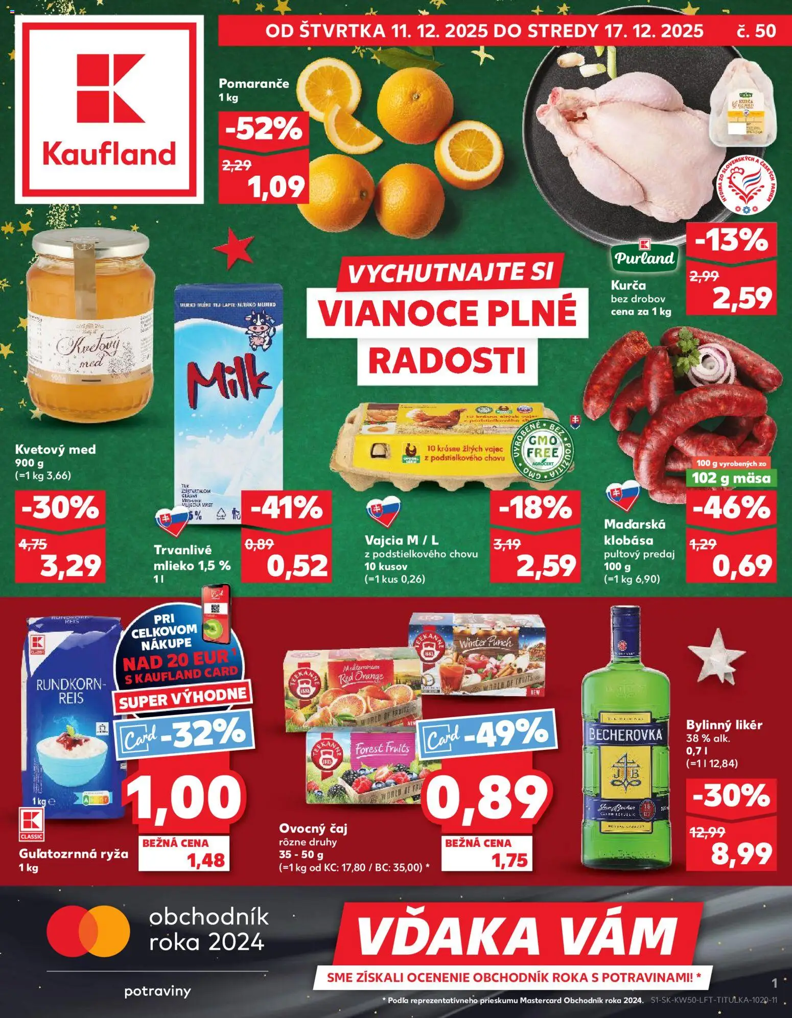 Nové Kaufland akcie – leták je platný od 11.12.2025 | Strana: 1 | Produkty: Mlieko, Vajcia, Čaj, Kurča
