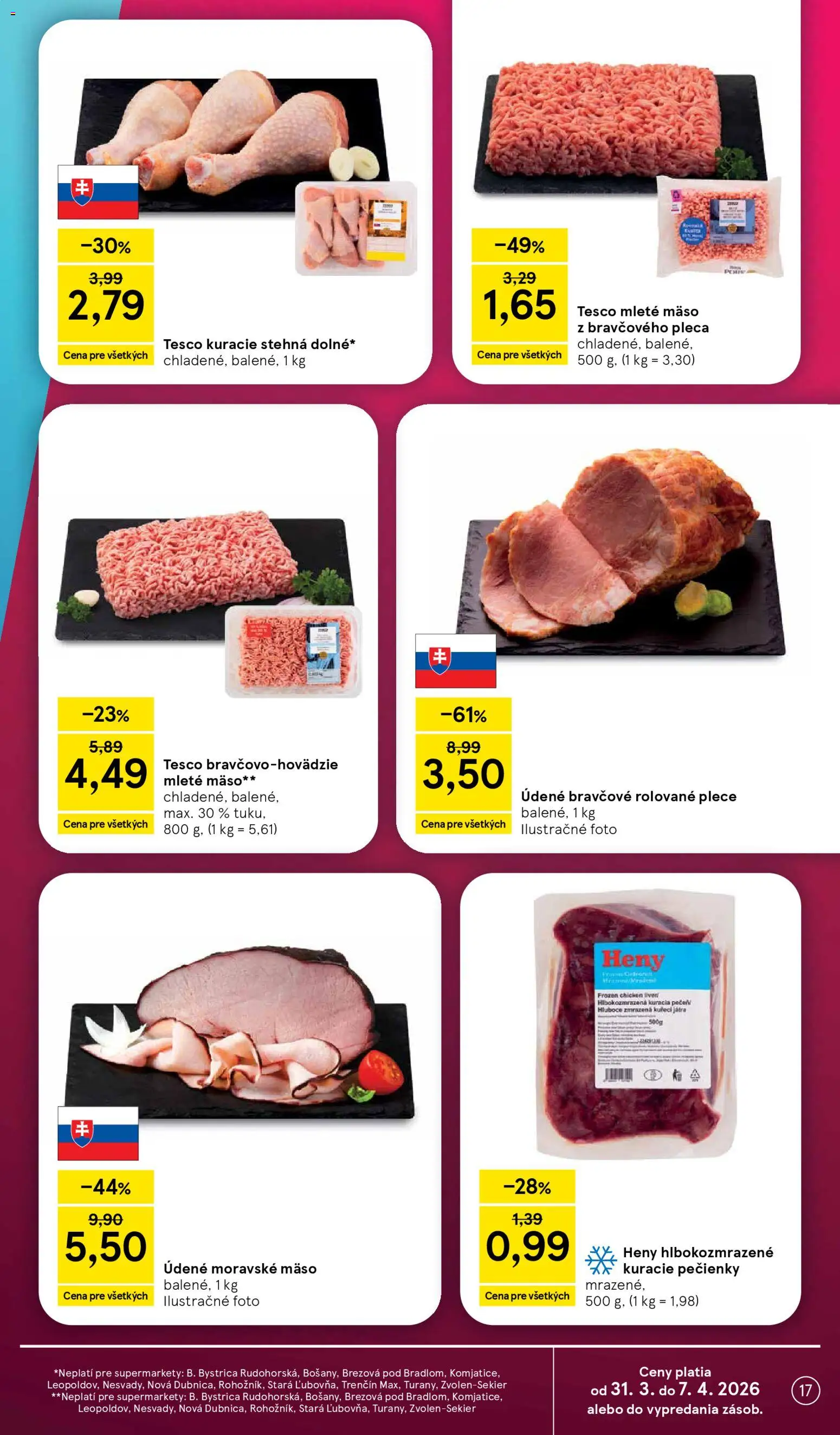 Nové Tesco akcie – leták je platný od 31.03.2026 | Strana: 17 | Produkty: Kuracie stehná, Mleté mäso