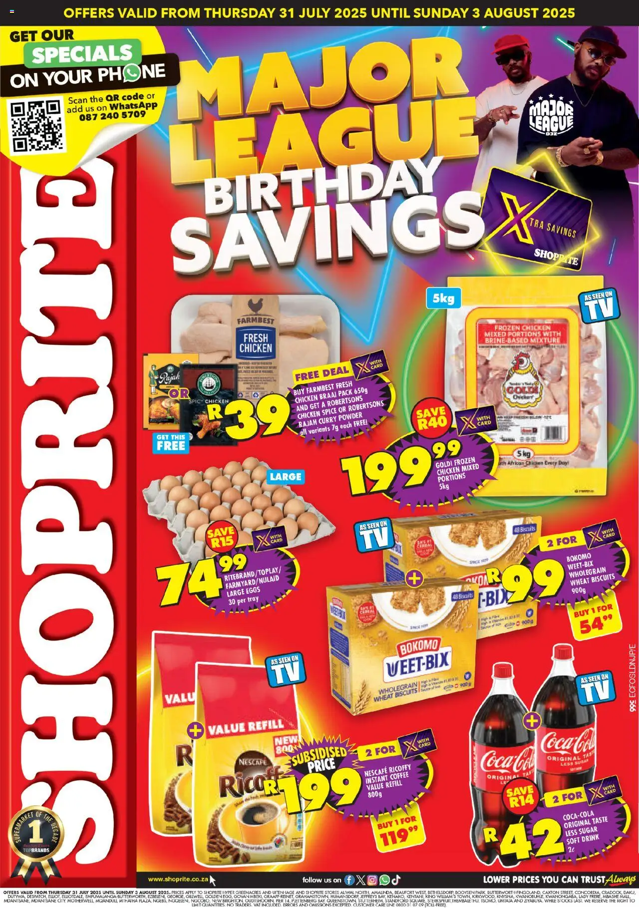 Shoprite Eastern Cape - Major League Birthday Savings │ valid from 31.07.2025 | Page: 1 | Products: Phone, Biscuits, Chicken, Powder