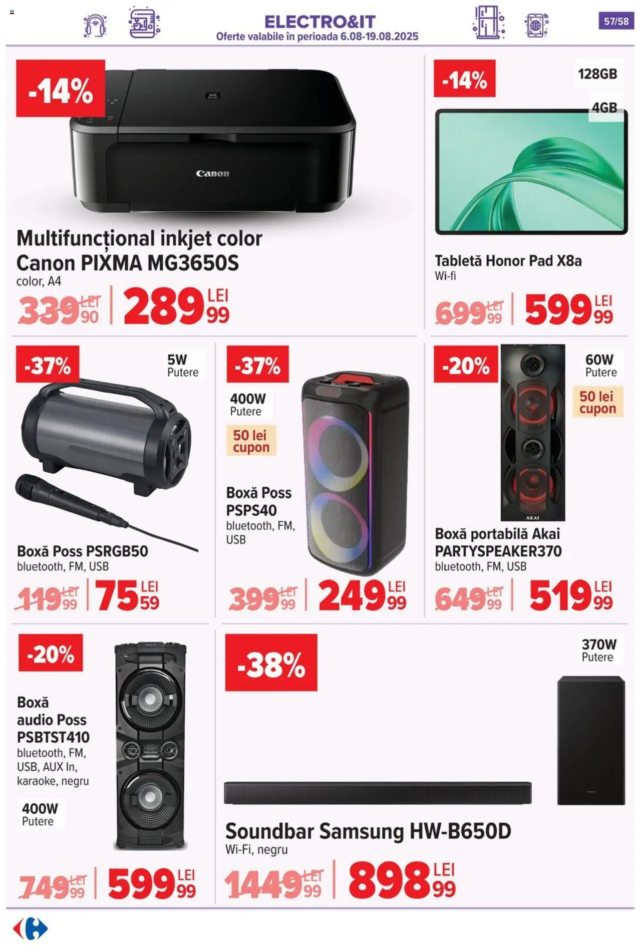 Catalog Carrefour – valabil de la 06.08.2025 | Pagină: 58 | Produse: Soundbar, Audio, Usb, Boxă portabilă