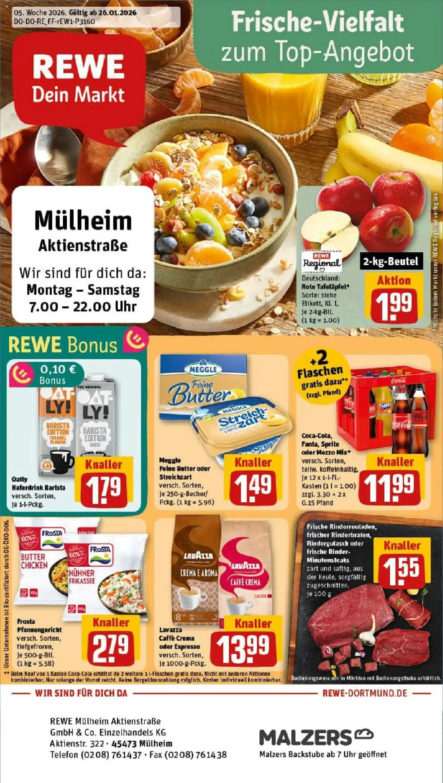 Rewe prospekt Mülheim An Der Ruhr	 – gültig ab 26.01.2026 | Seite: 1 | Produkte: Rindergulasch, Frosta, Oatly, Uhr